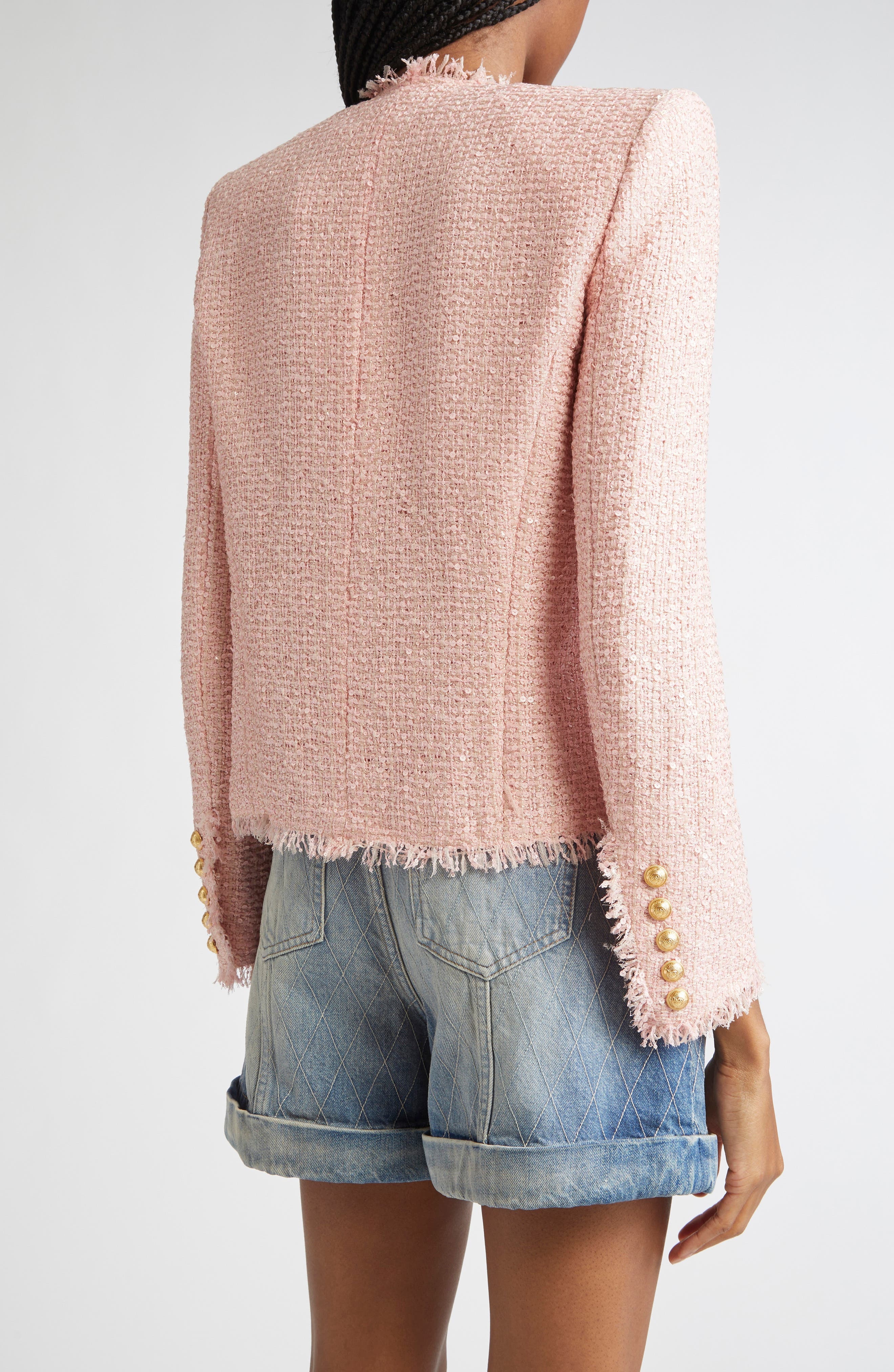 Balmain Glitter Embellished Silk Tweed Spencer Jacket in 4Cu Pink at Nordstrom - 3