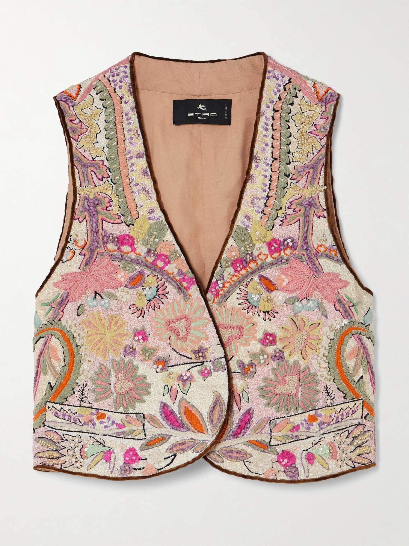 Cropped embellished linen-bouclé vest Pink - 1