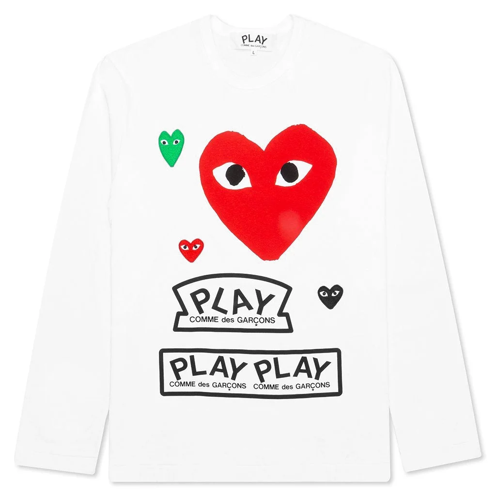 COMME DES GARCONS PLAY WOMEN'S RED MULTI LOGO L/S T-SHIRT - WHITE - 1