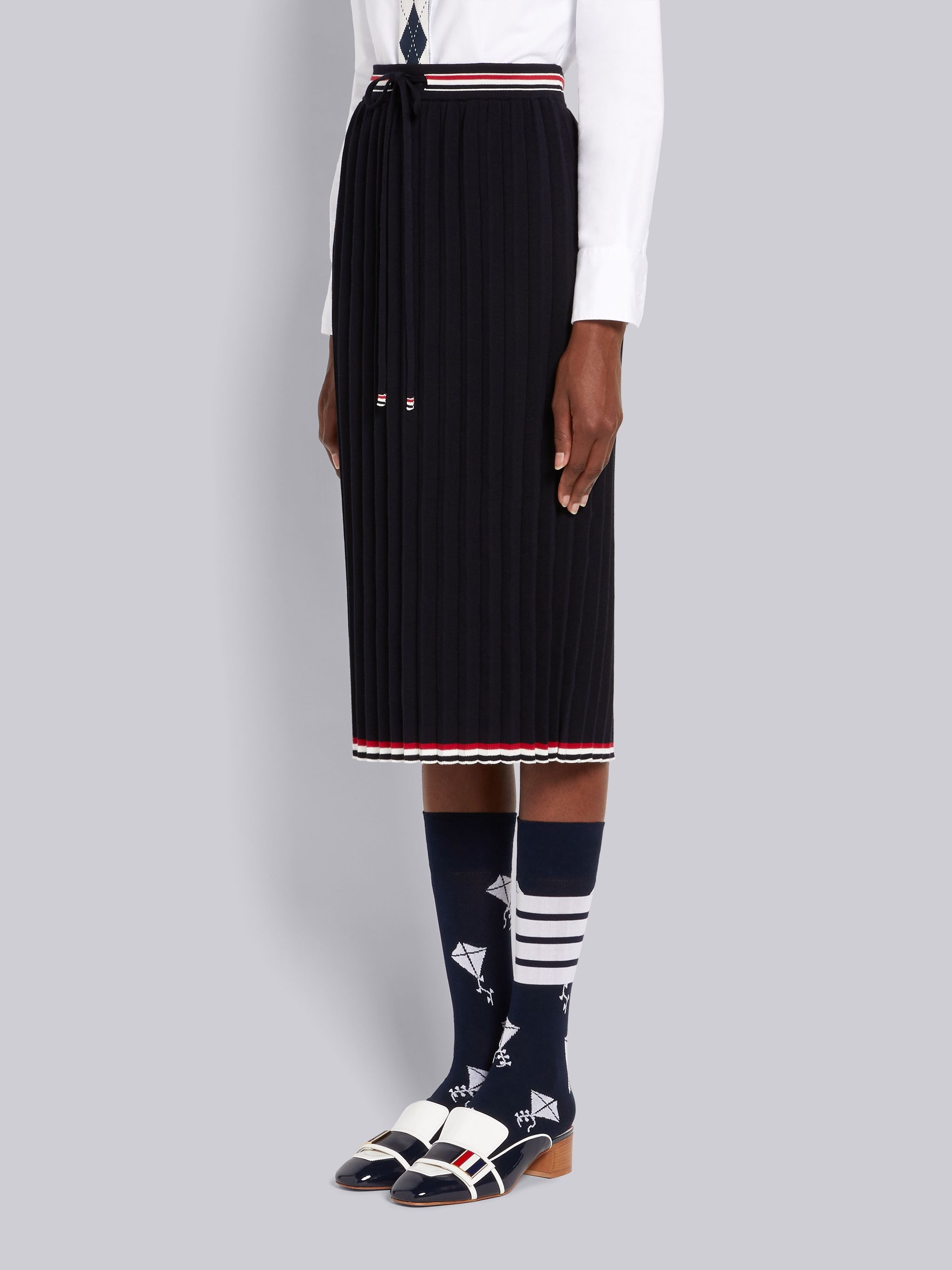 Navy Cable Texture Overtwisted Cotton Stripe Framing Accordion Pleat Knee Length Skirt - 2