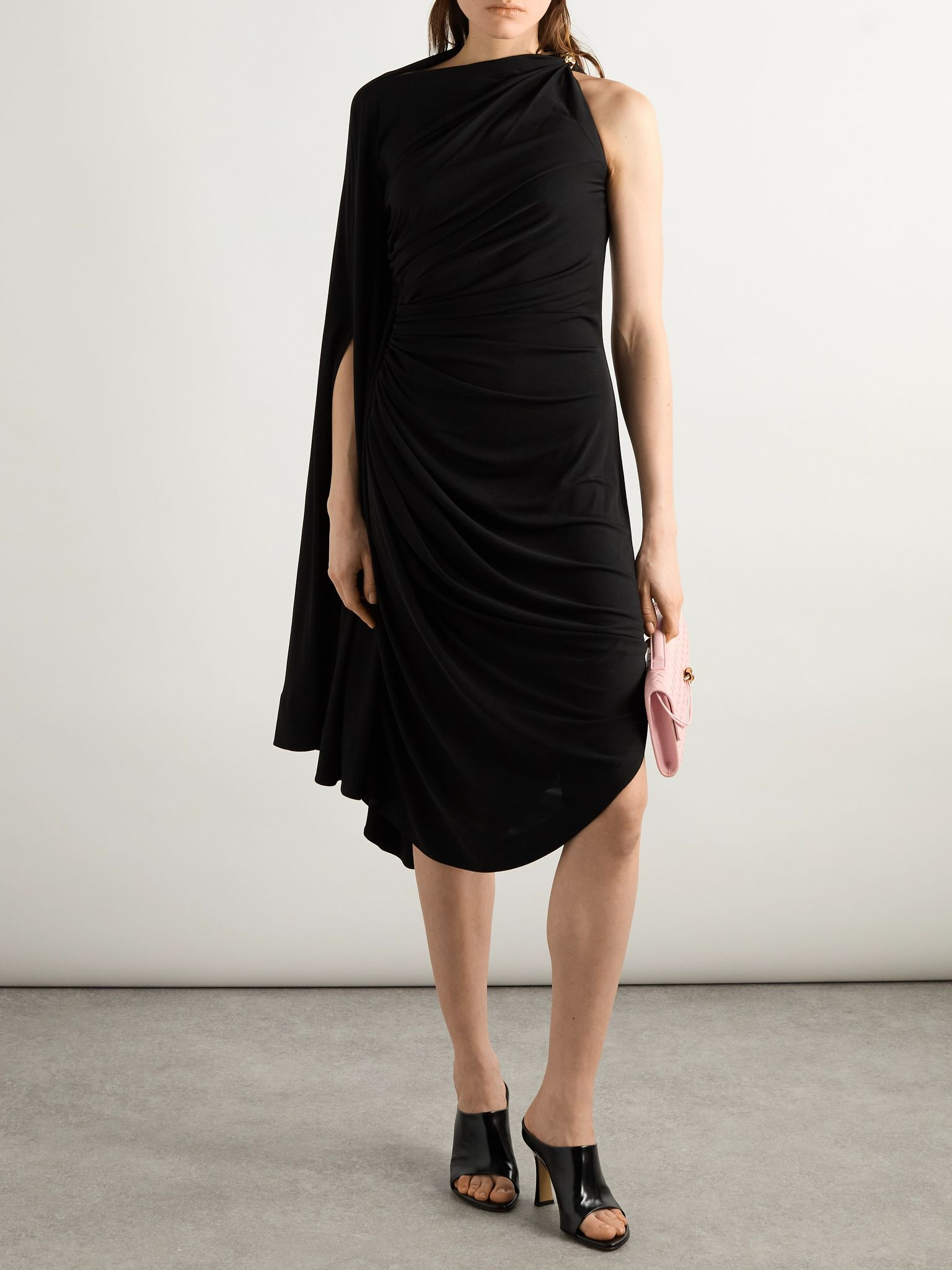 Asymmetric cape-effect embellished draped jersey dress Black - 2