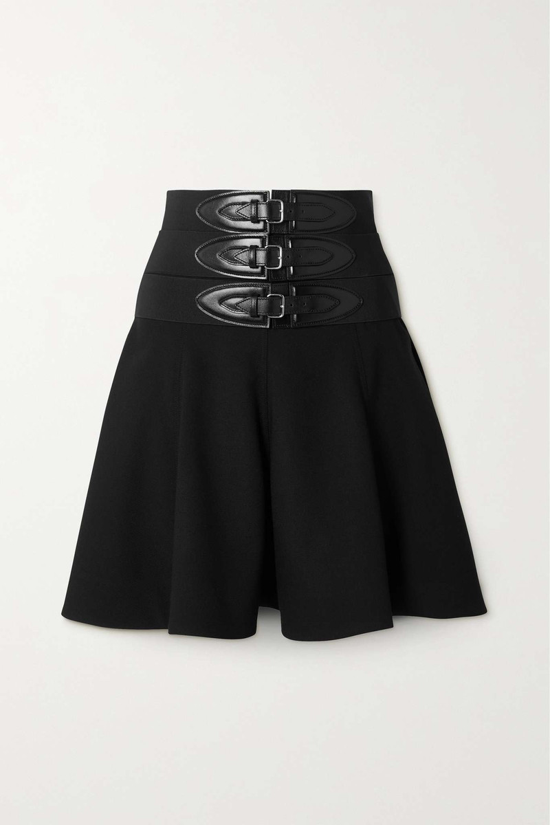 Belted leather-trimmed stretch-wool mini skirt - 1