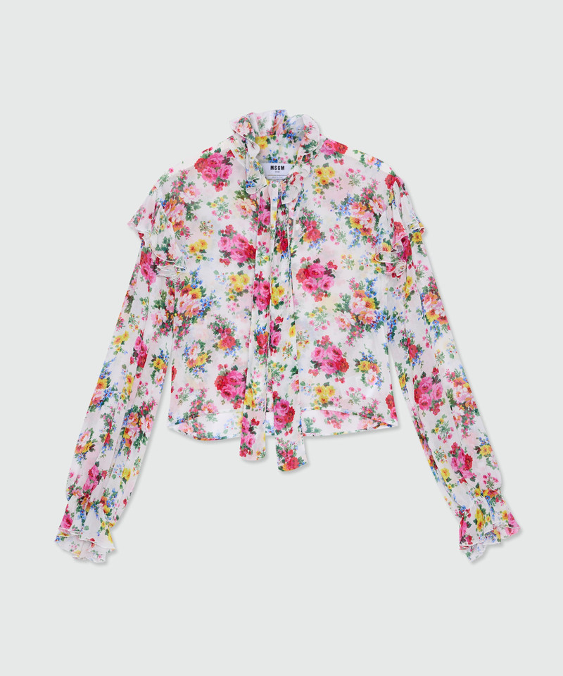 White viscose georgette blouse with floral print and ruffled collar 1