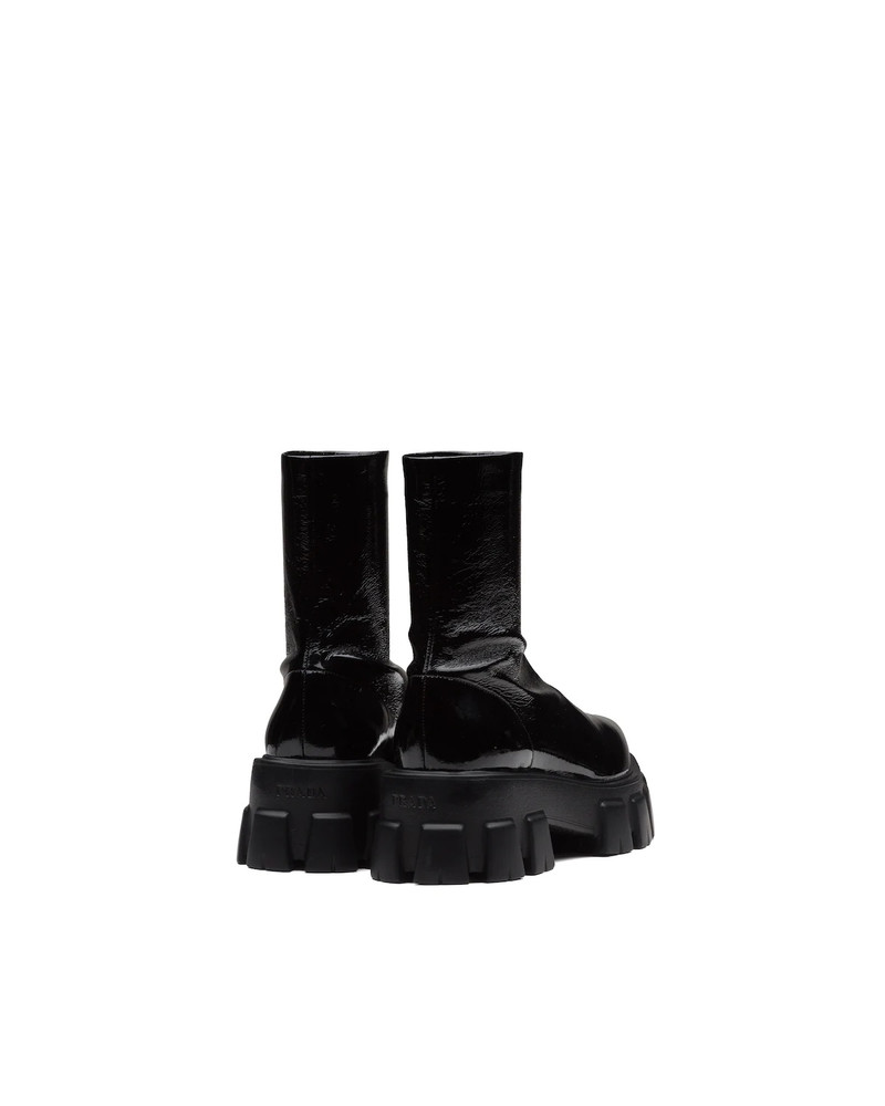Prada Monolith pointy technical patent leather booties outlook