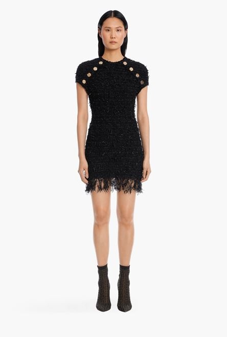 Short black tweed dress with fringe - 4