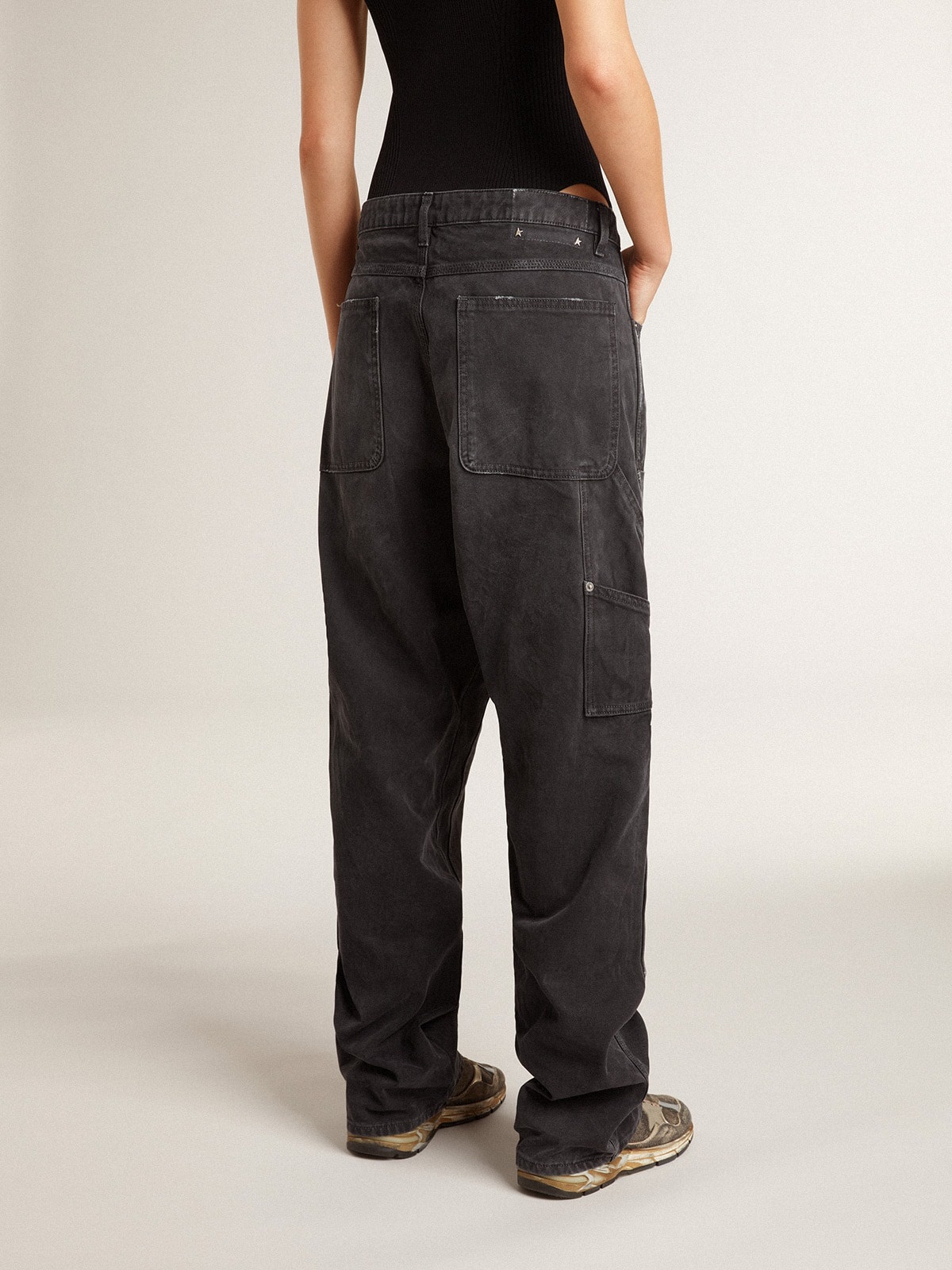 Women's distressed black cotton jeans with front patches - 4