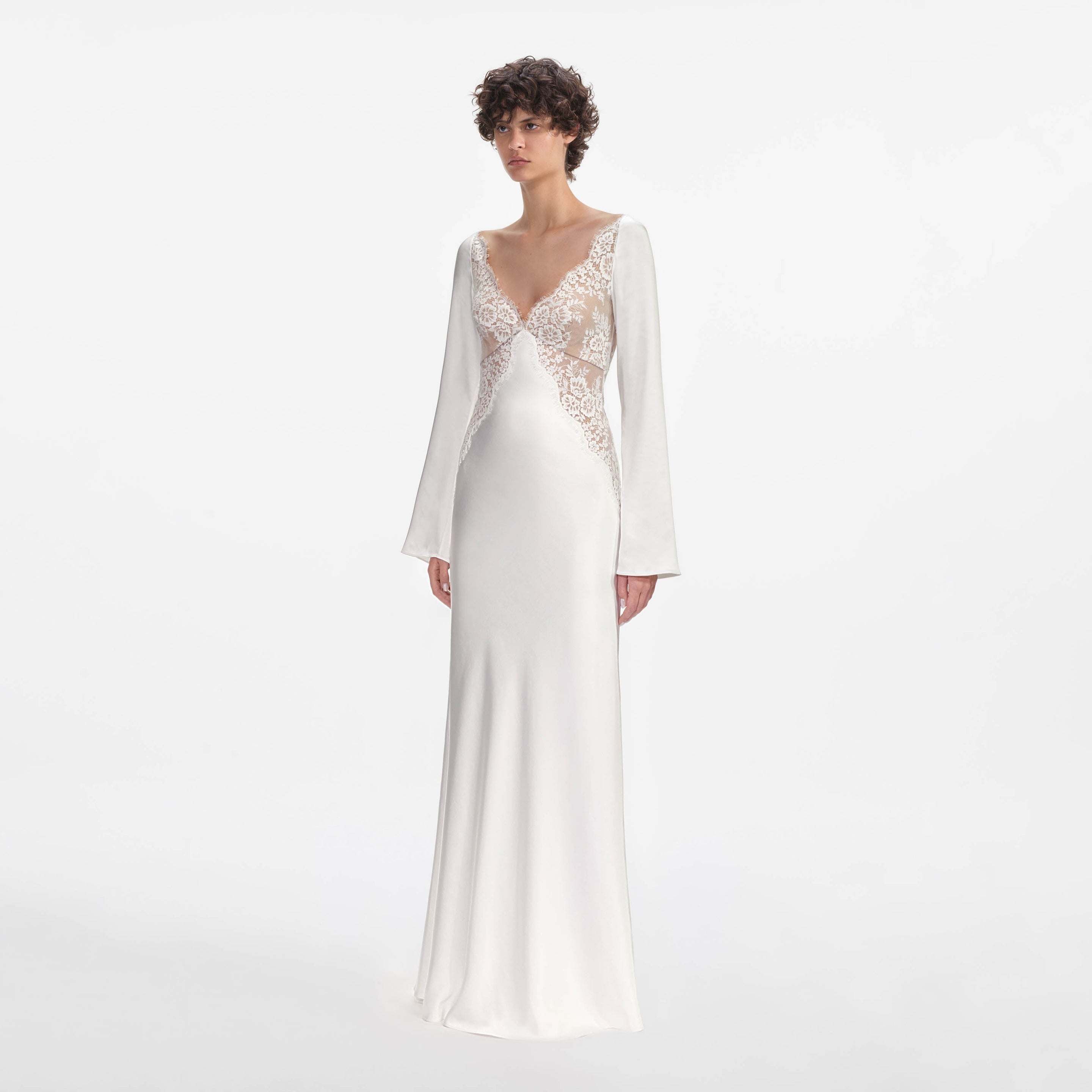 White Lace Satin Long Sleeve Maxi Dress - 2