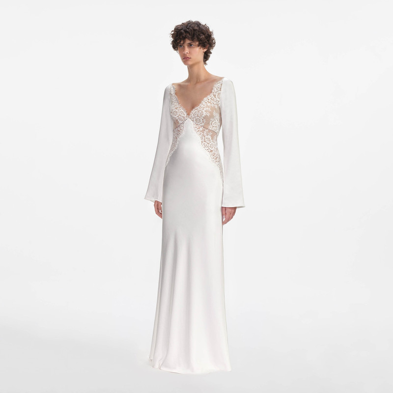 White Lace Satin Long Sleeve Maxi Dress 2