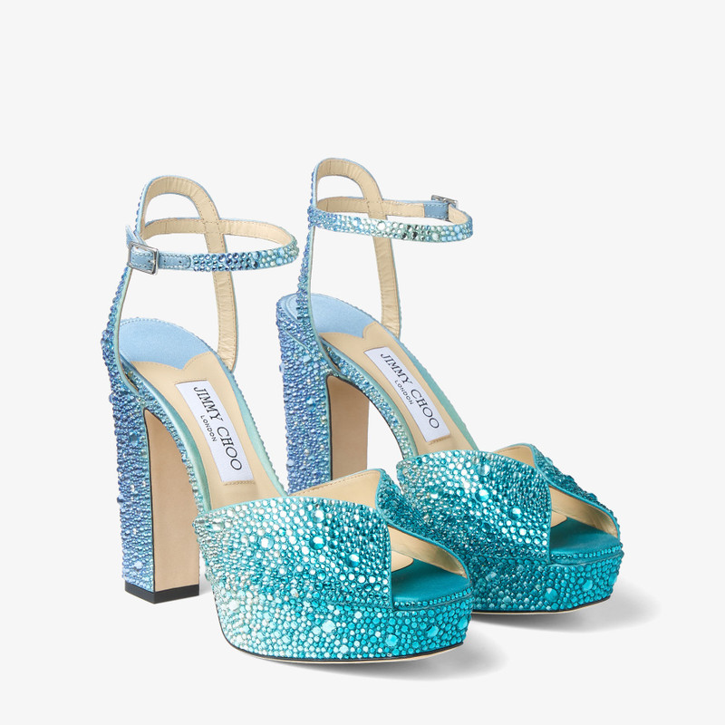 Sacaria PF 120 Peacock Satin Platform Sandals with Crystals 3