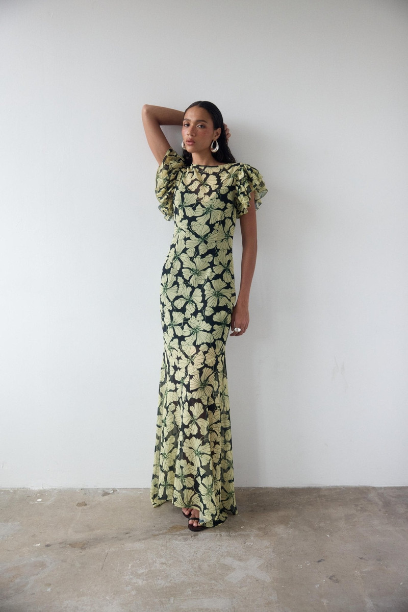 De La Vali BOUGAINVILLEA CHIFFON MAXI DRESS IN ART DECO FLORAL outlook