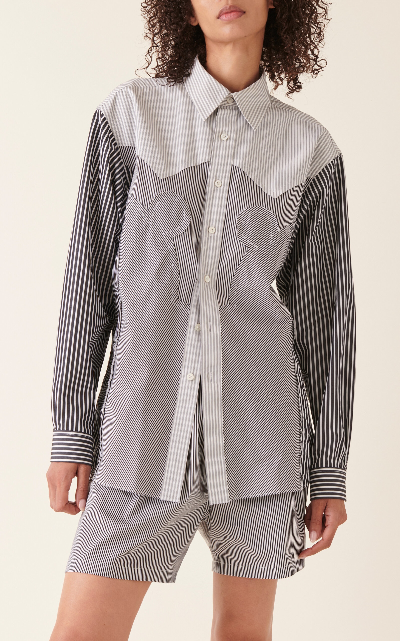 Patchwork Striped Cotton Shirt black/white - 2