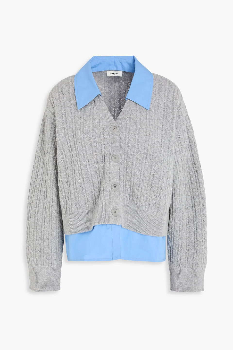 Layered poplin and cable-knit wool-blend cardigan - 1