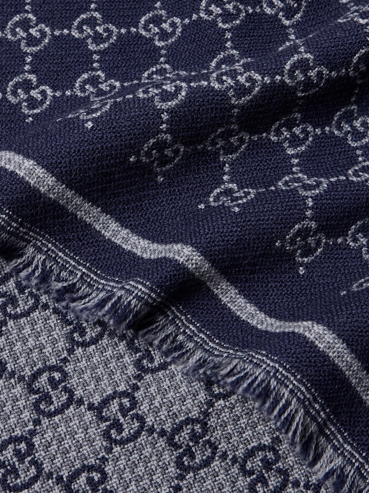 Fringed Logo-Jacquard NATIVA™ Regenerative Wool Scarf Blue - 3