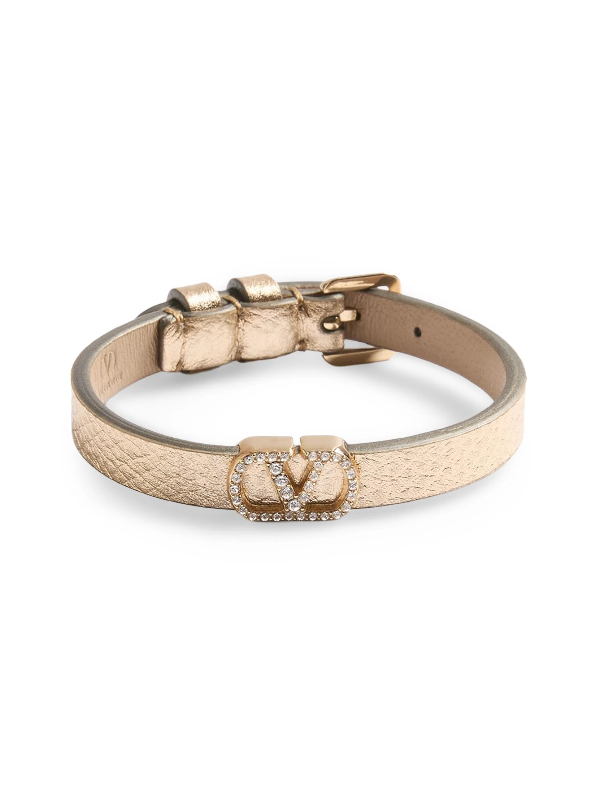 Women's VLogo Signature Bracelet in Laminated Leather and Swarovski Crystals - Gold Crystal - 1