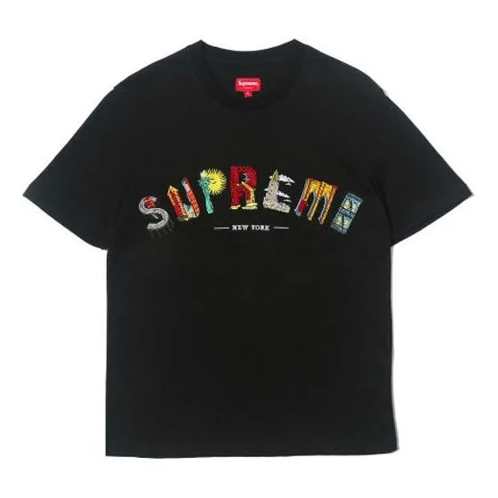 대 SS19 도시 아크 티 블랙 자수 로고 짧은 소매 Unisex SUP-SS19-476 - 1