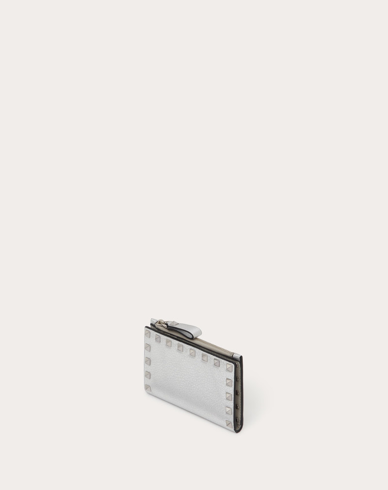 ROCKSTUD GRAINY METALLIC CALFSKIN CARD HOLDER WITH ZIPPER 4