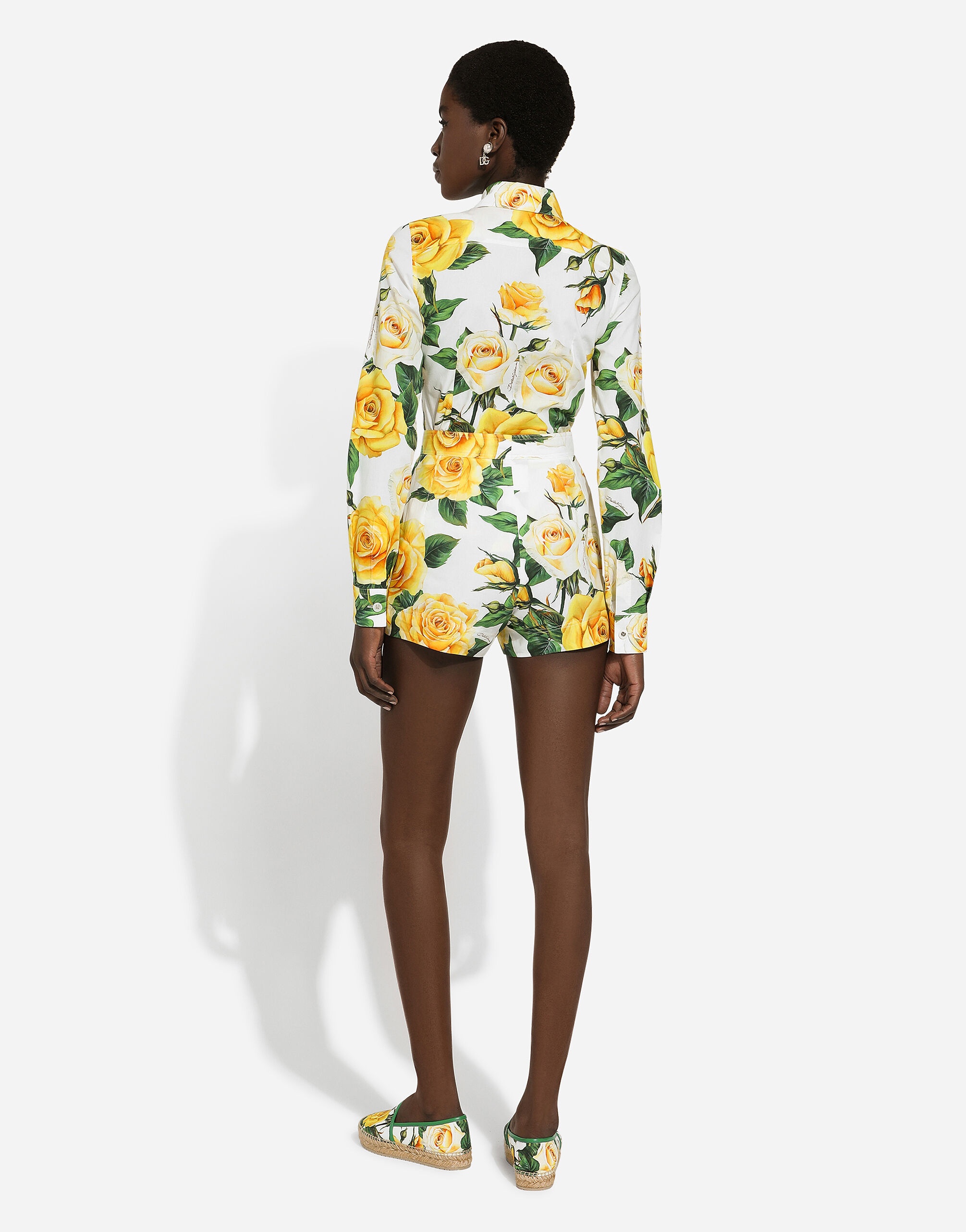 Long-sleeved cotton shirt with yellow rose print - 3