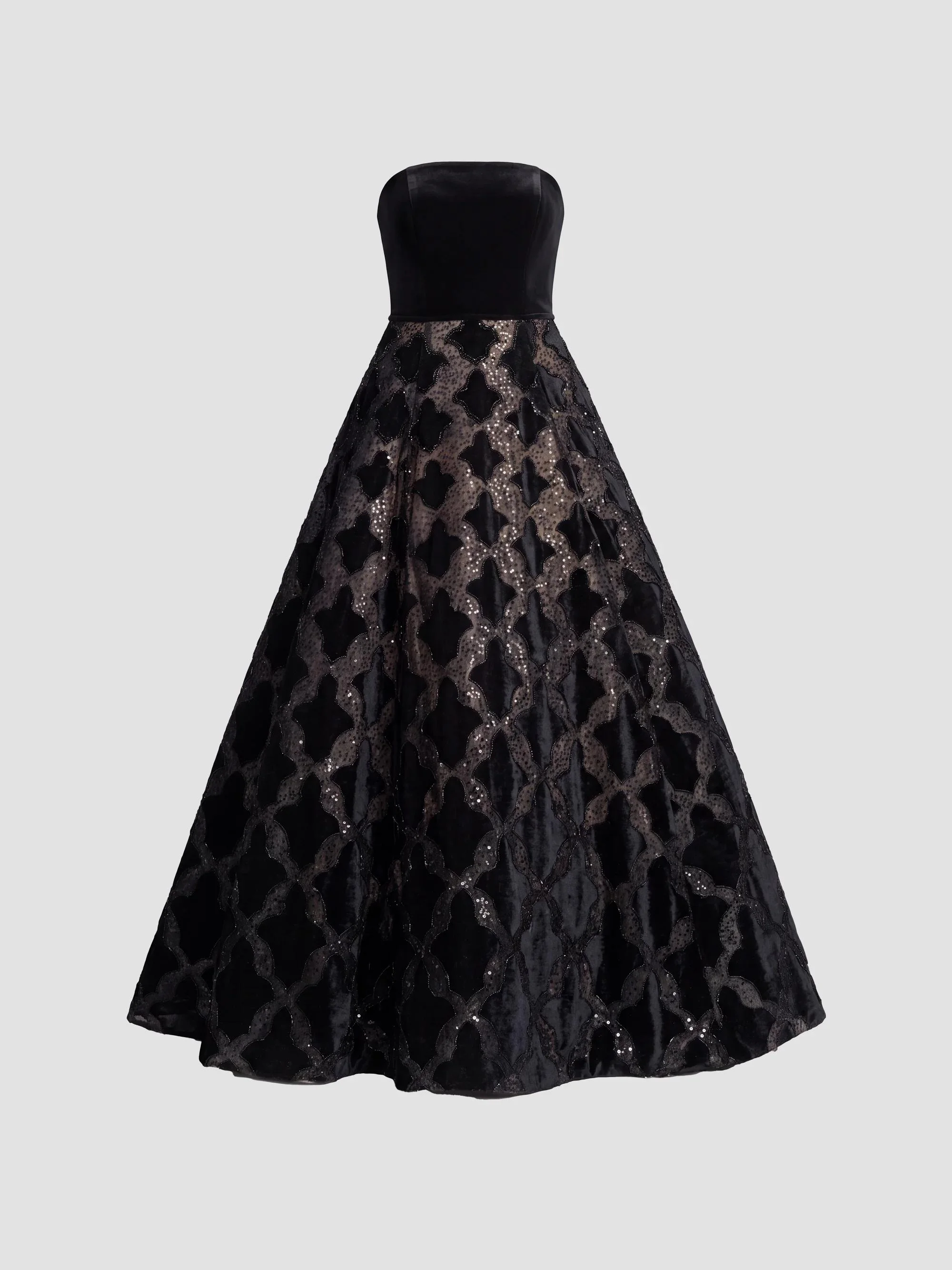 Women's Embroidered Velvet Strapless Gown - Black - 1