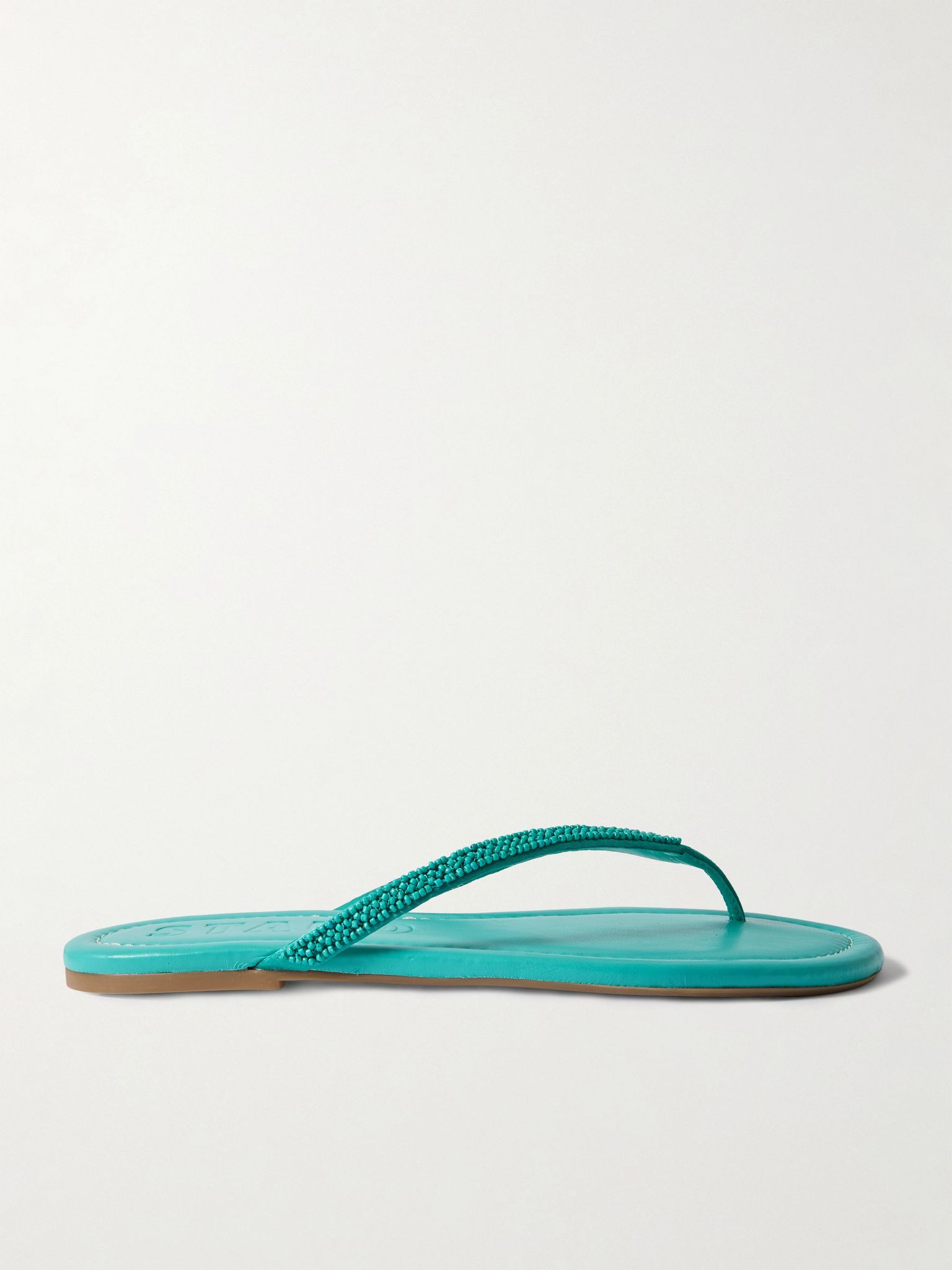 Freja beaded satin-trimmed leather flip flops Teal - 1