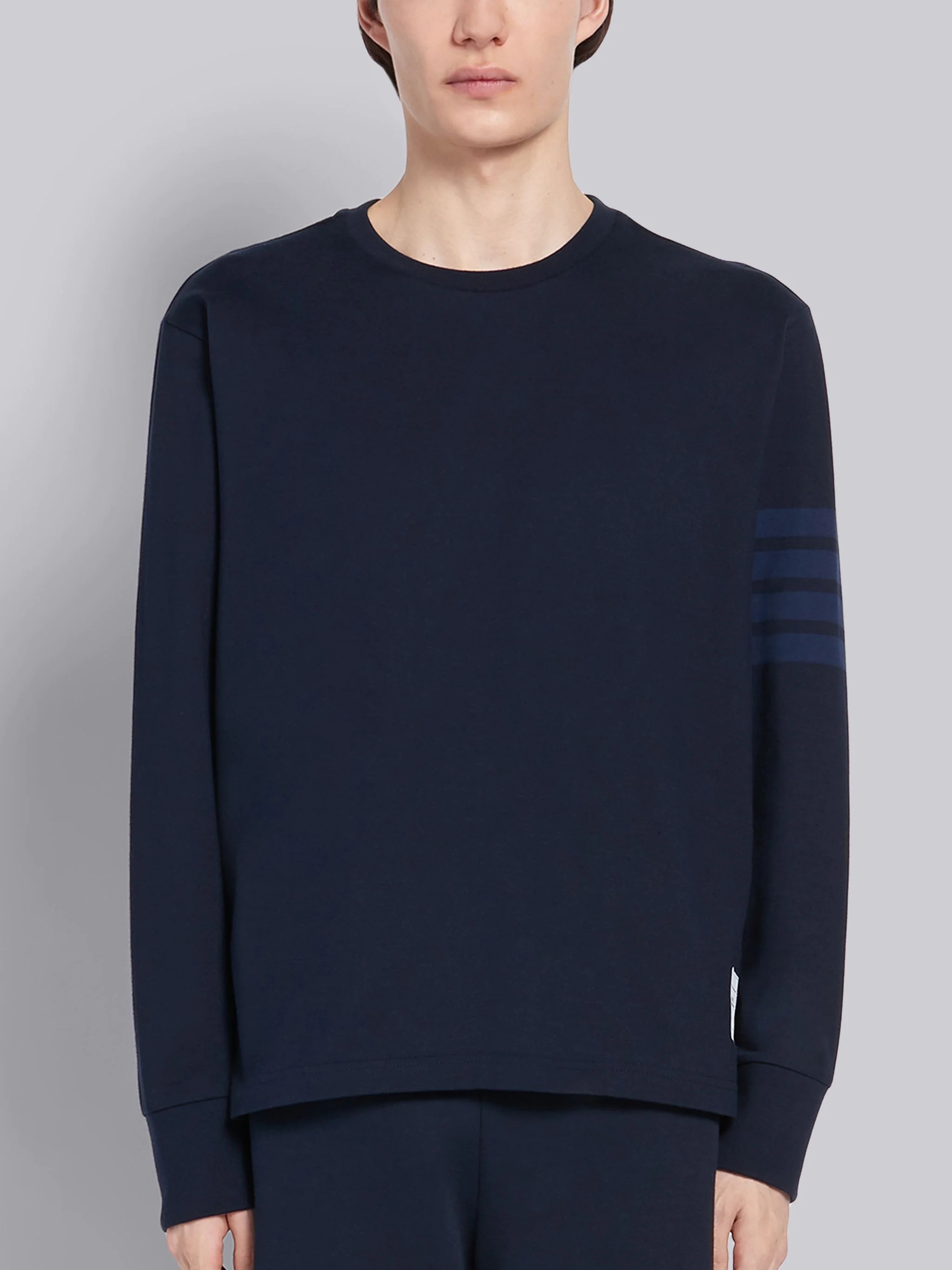 Navy Cotton Jersey Long Sleeve Tonal 4-Bar Rugby T-shirt - 1