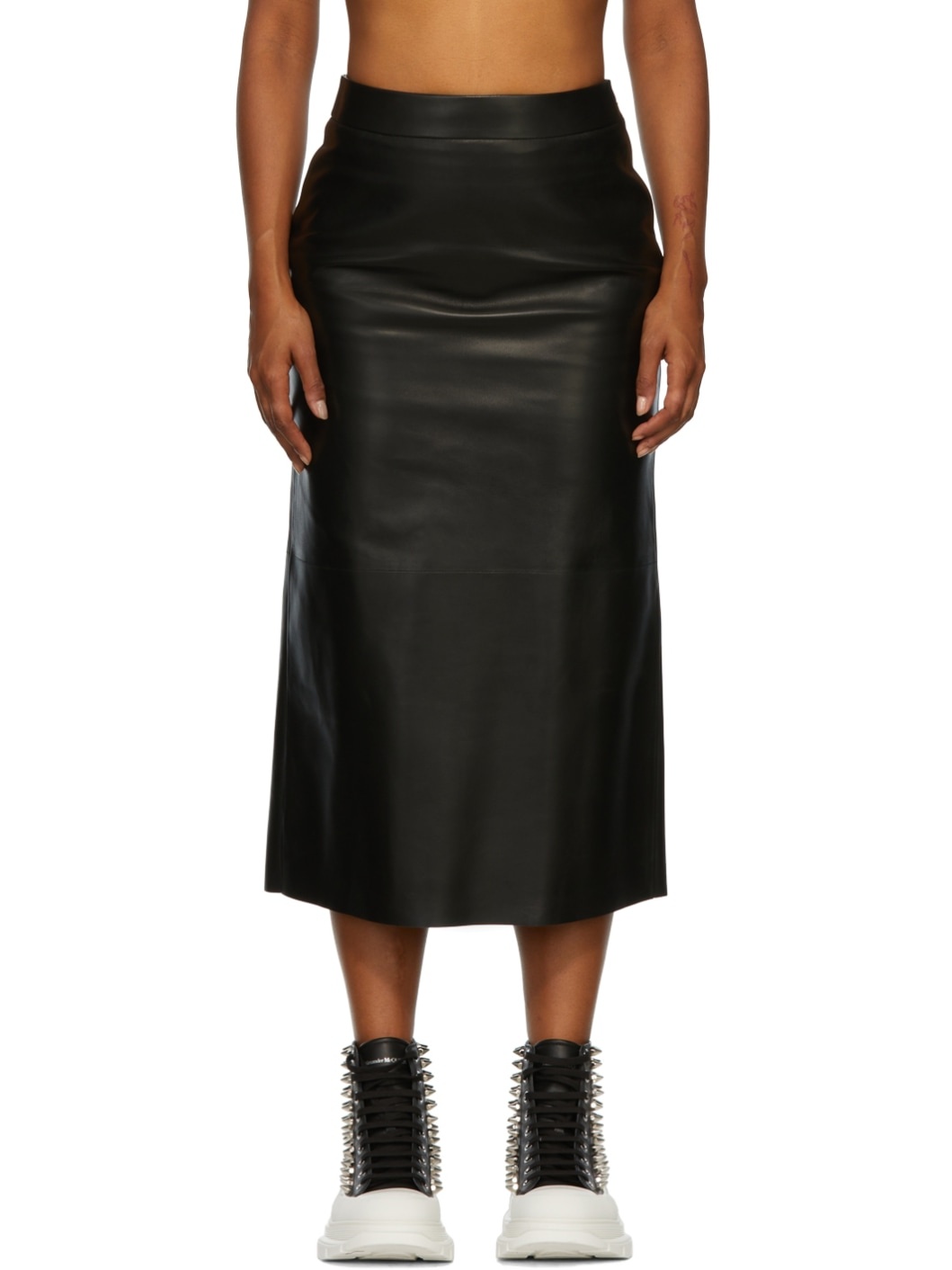 Black Leather Midi Skirt - 1