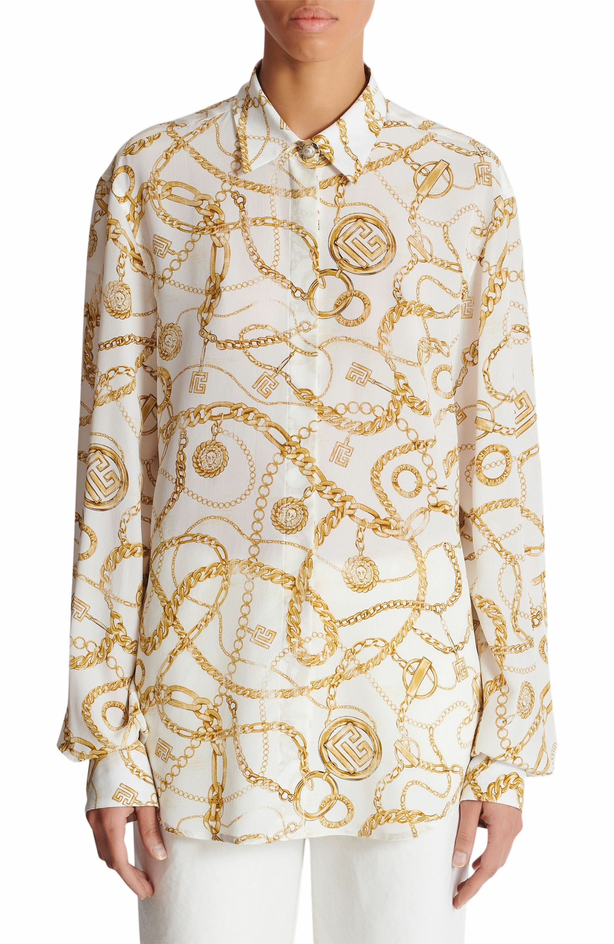 Printed silk shirt with Balmain Chains pattern in Gold at Nordstrom - 7