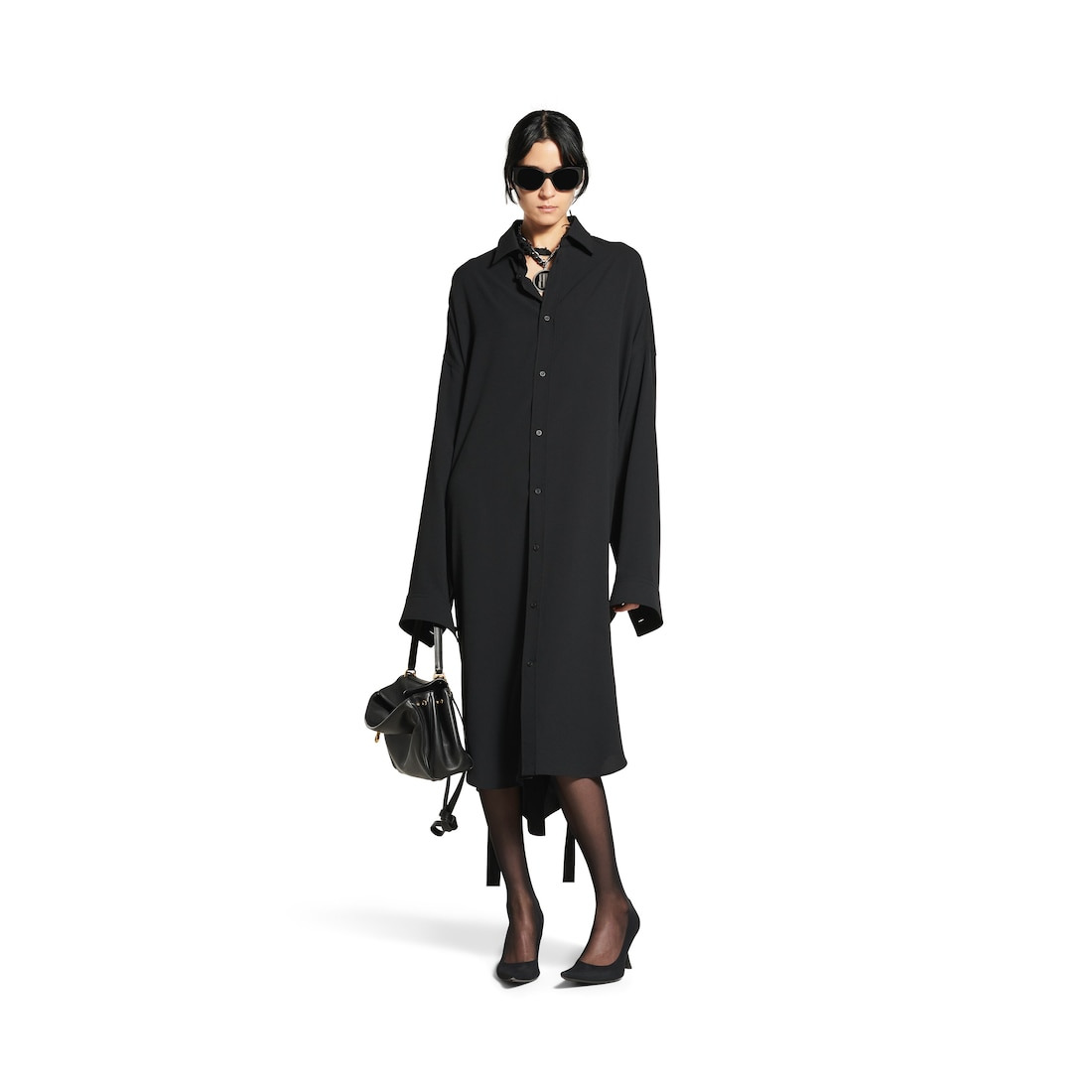 Women's Lace-up Shirt Dress in Black - 2