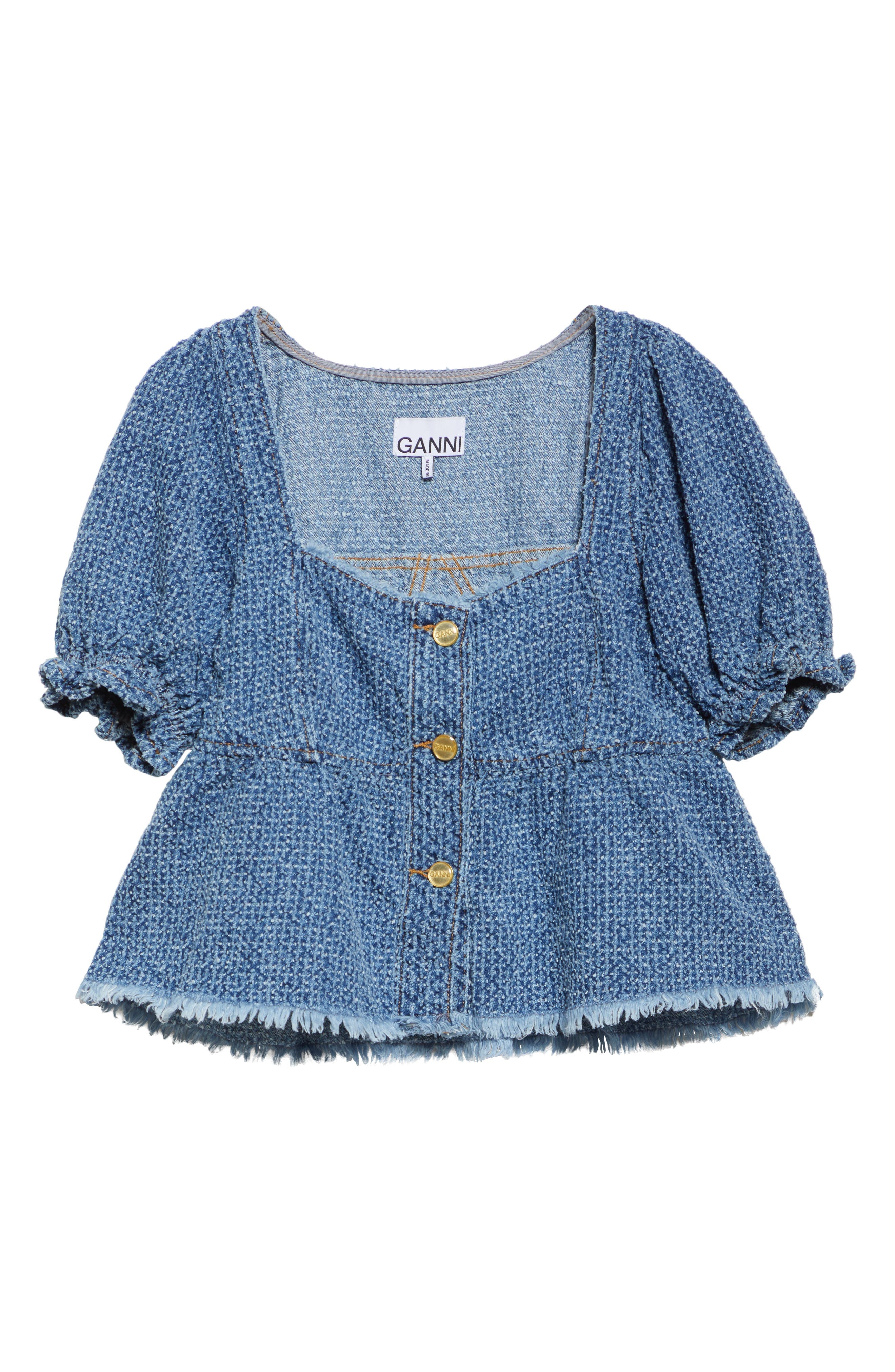 Ganni Fluffy Metallic Denim Top in Mid Blue Stone at Nordstrom - 5