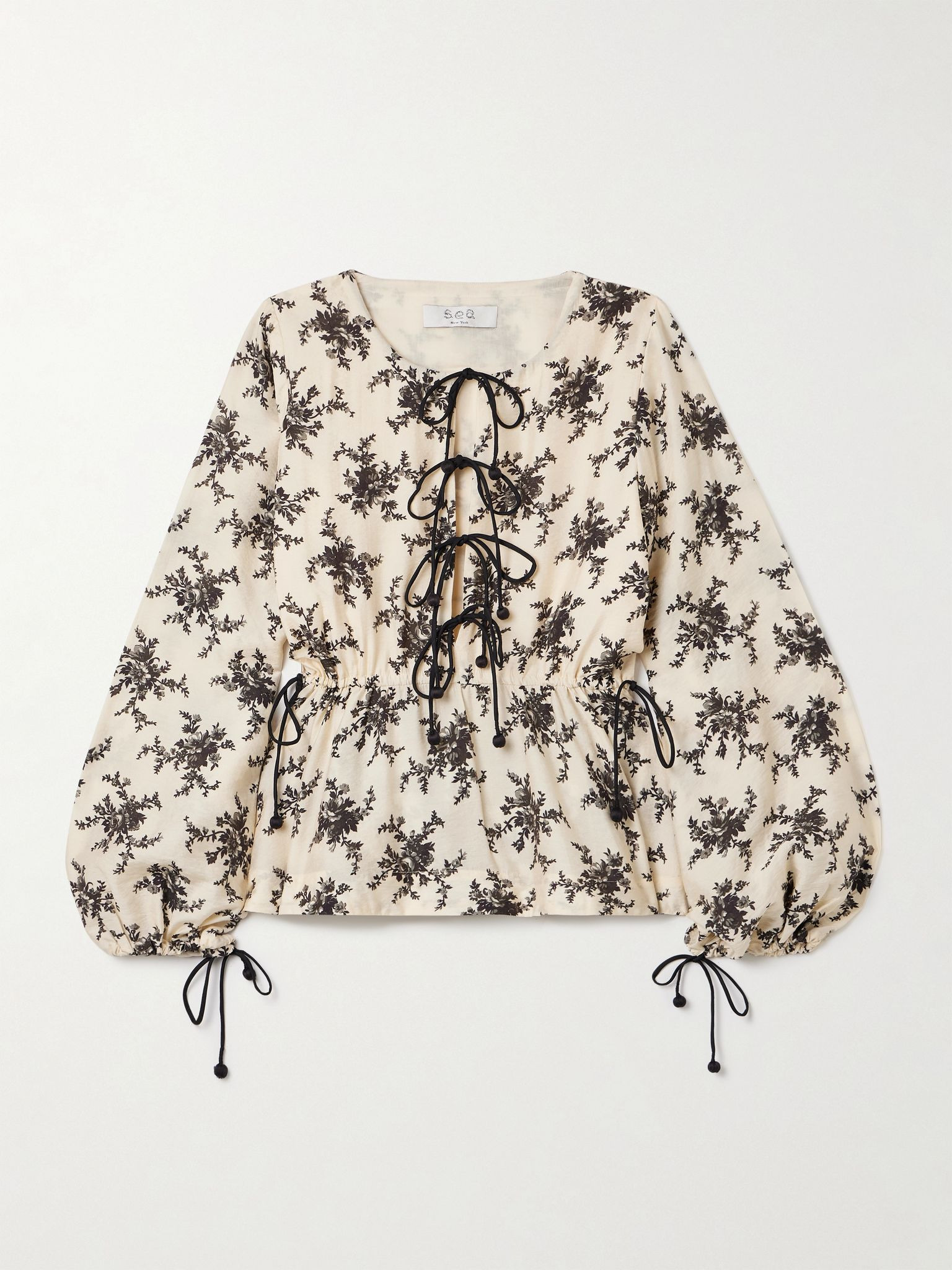Joan tie-detailed floral-print voile top Cream - 1
