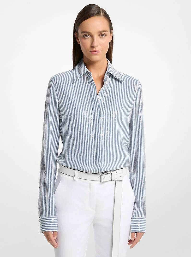 Hansen Sequined Striped Silk Crepe De Chine Shirt - 1