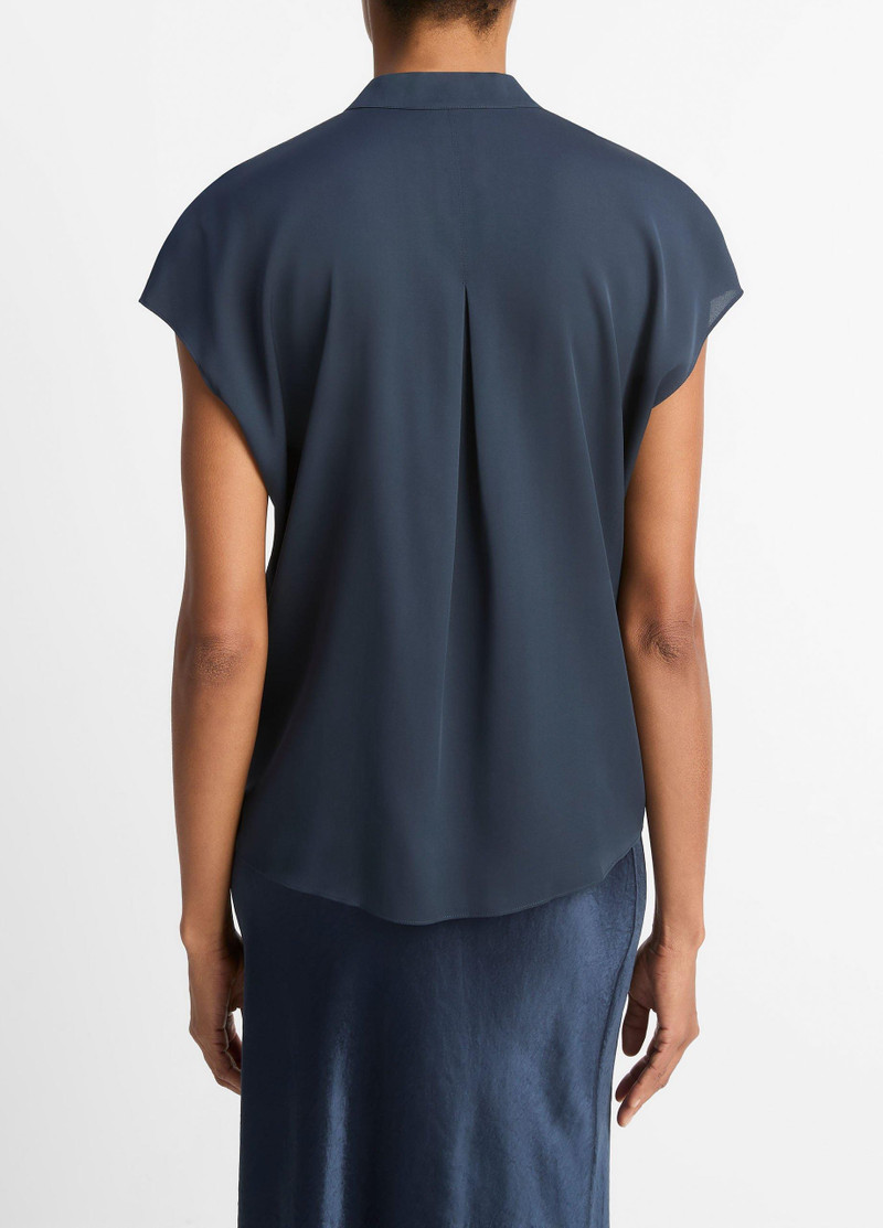 Vince Contrast-Placket Stretch-Silk Cap-Sleeve Blouse outlook
