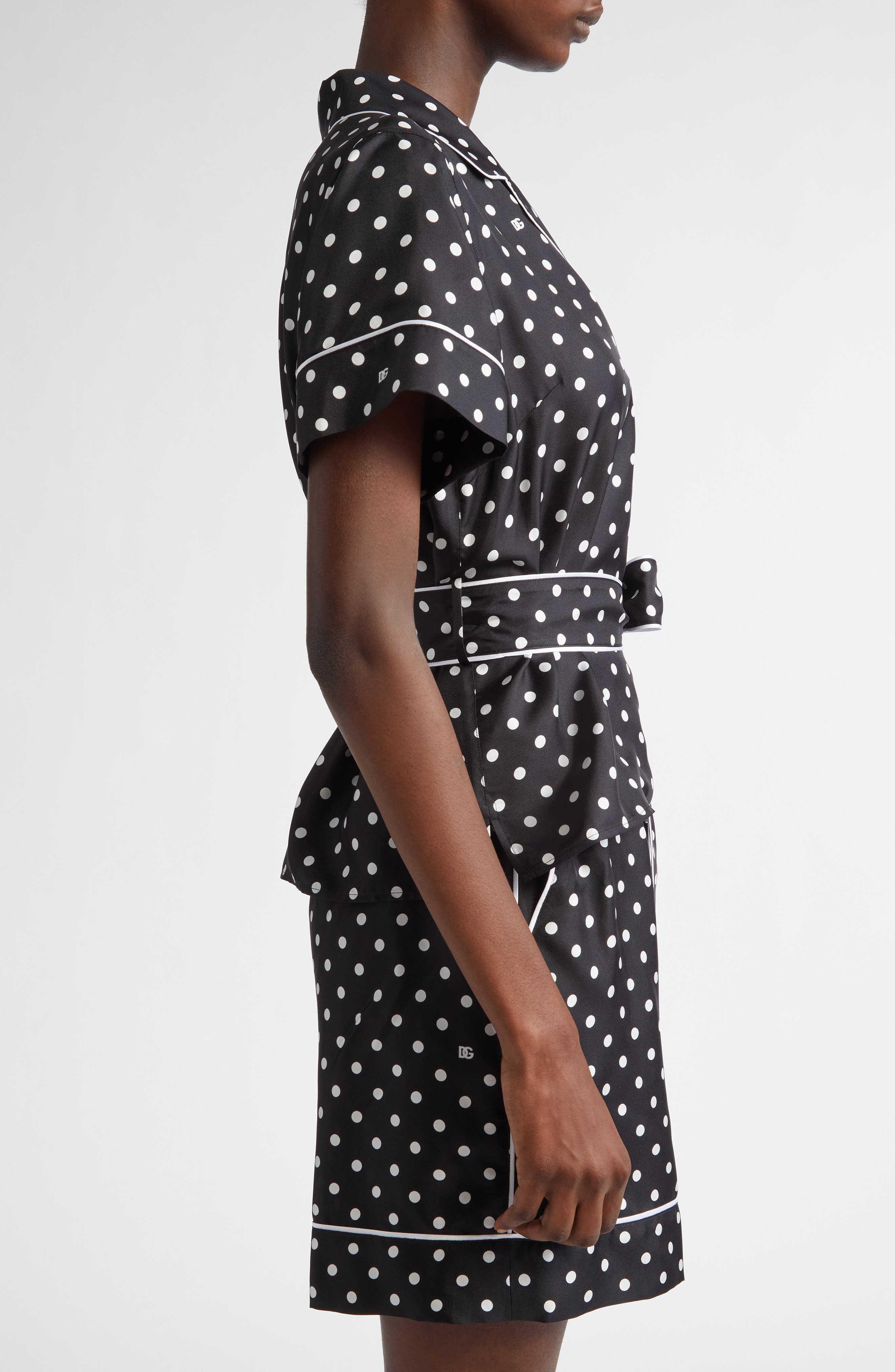 Dolce&Gabbana Polka Dot Belted Silk Pajama Shirt in Nero at Nordstrom - 4