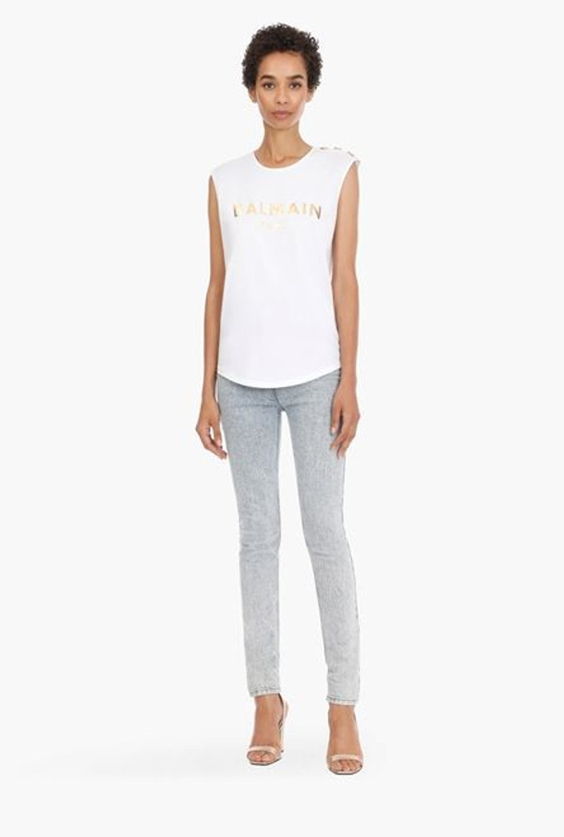 Balmain White eco-designed cotton T-shirt with gold Balmain logo print outlook