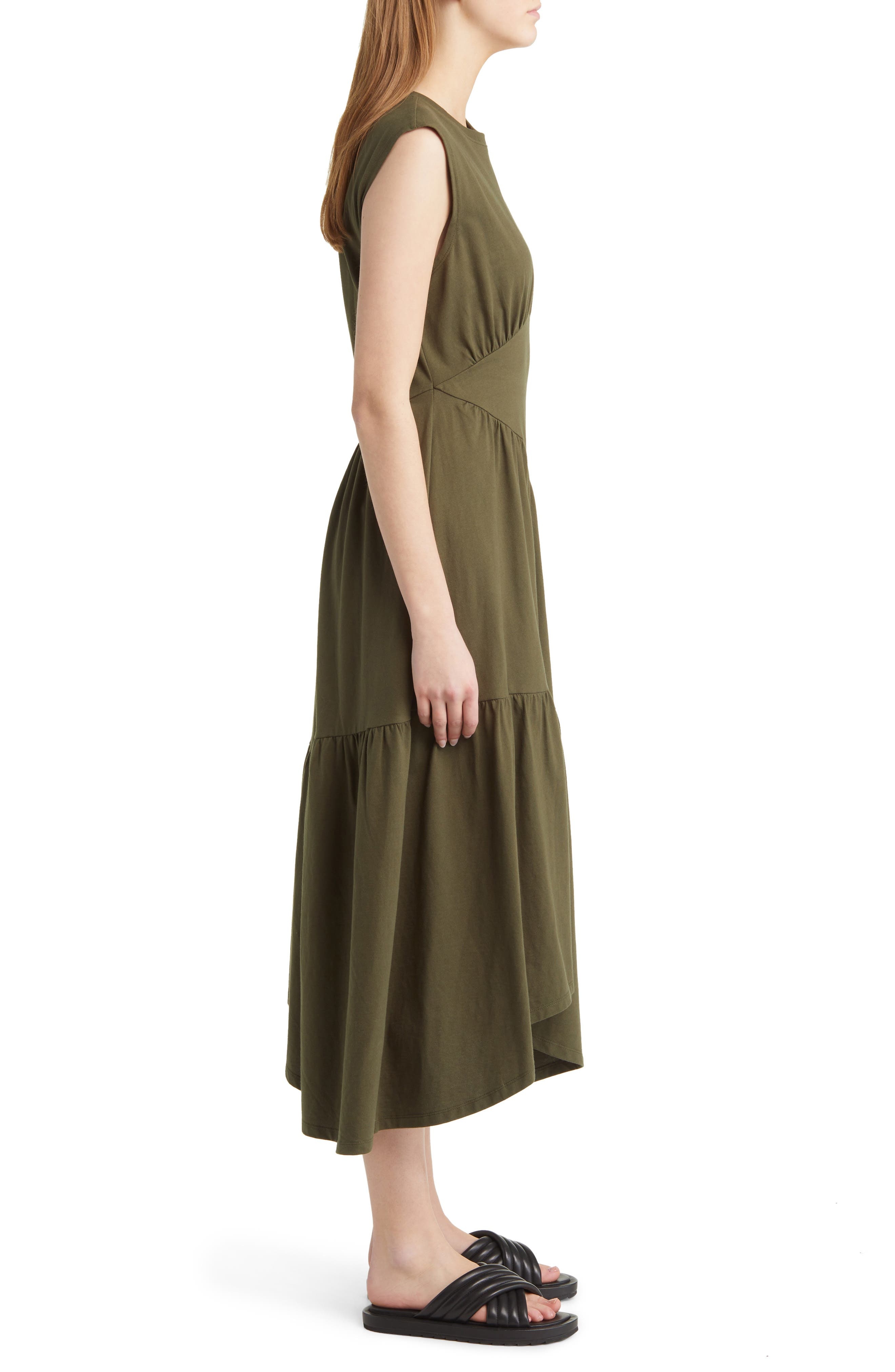 FRAME Gathered Seam Organic Cotton A-Line Midi Dress in Fatigue at Nordstrom - 3