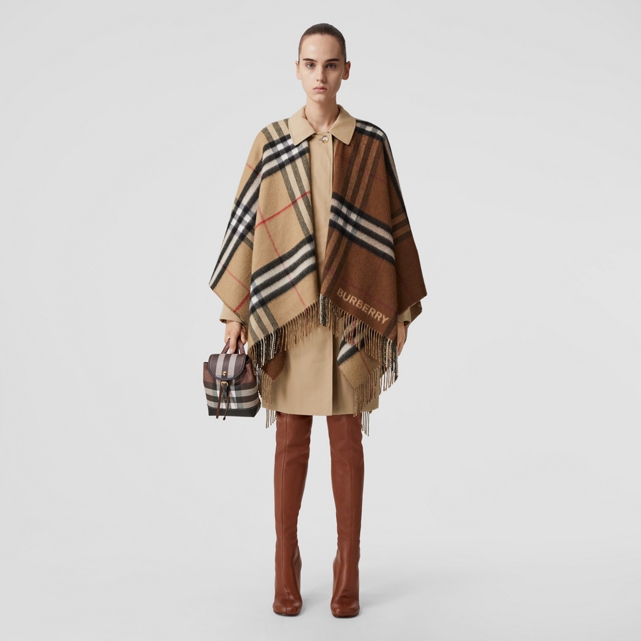 Contrast Check Wool Cashmere Cape - 2
