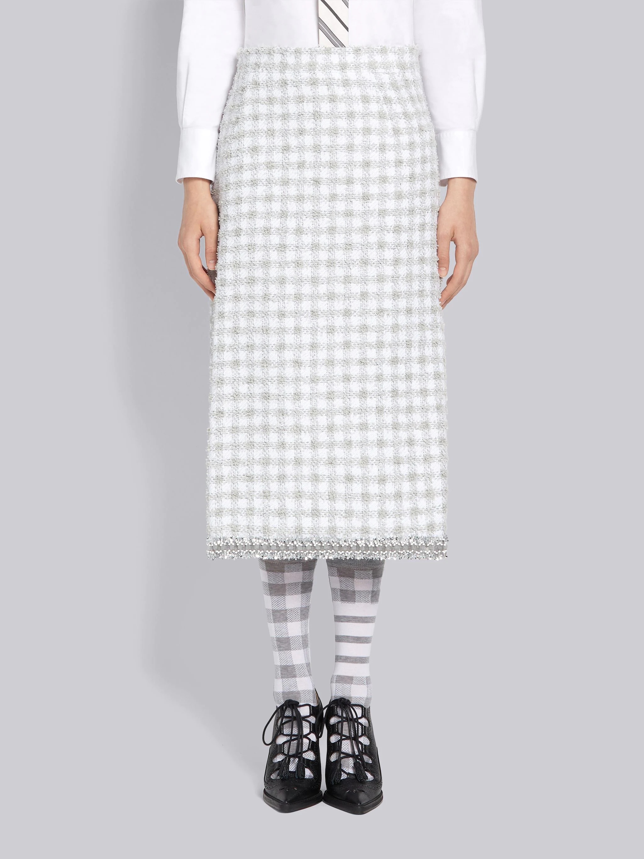 Light Grey Cotton Gingham Eyelash Tweed Below Knee Pencil Skirt - 1
