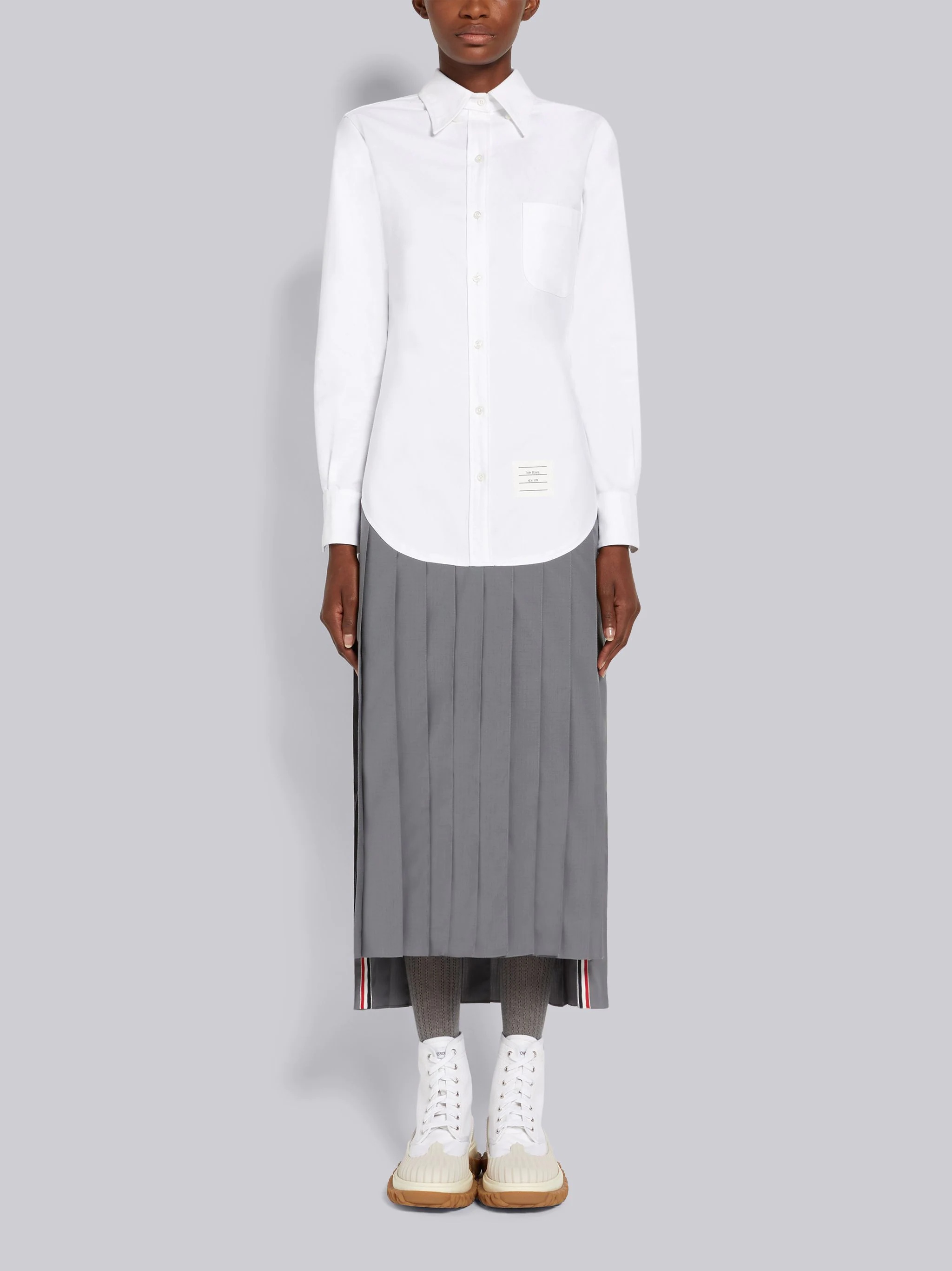 Medium Grey Ripstop School Uniform Trompe L'oeil Pleated Skirt Below the Knee Shirtdress - 1