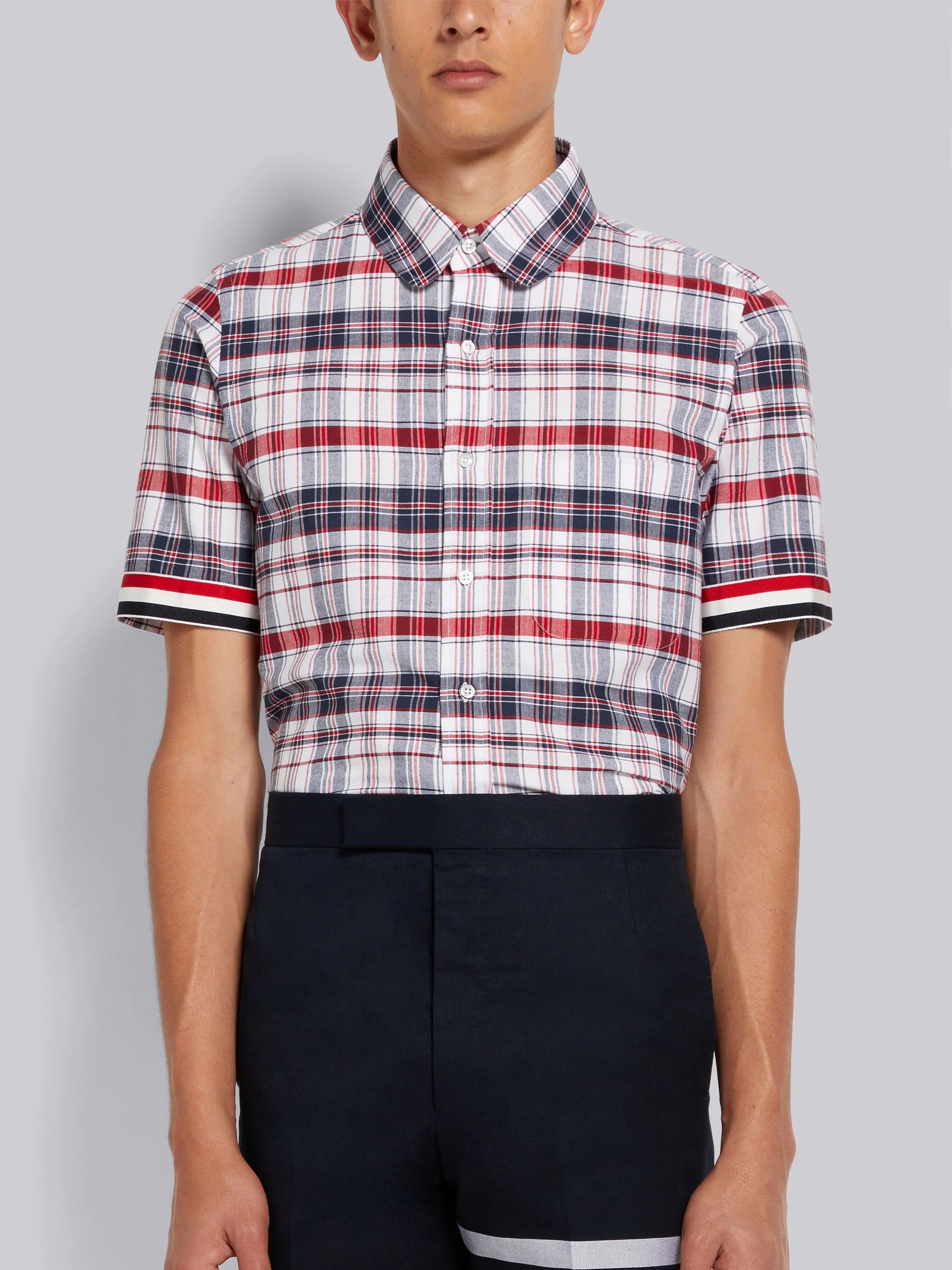 Multicolor Stripe Plaid Stripe Cuff Straight Fit Round Collar Short Sleeve Shirt - 1