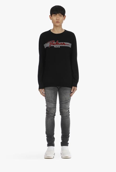 Black cotton sweater with embroidered red and white Balmain logo - 4