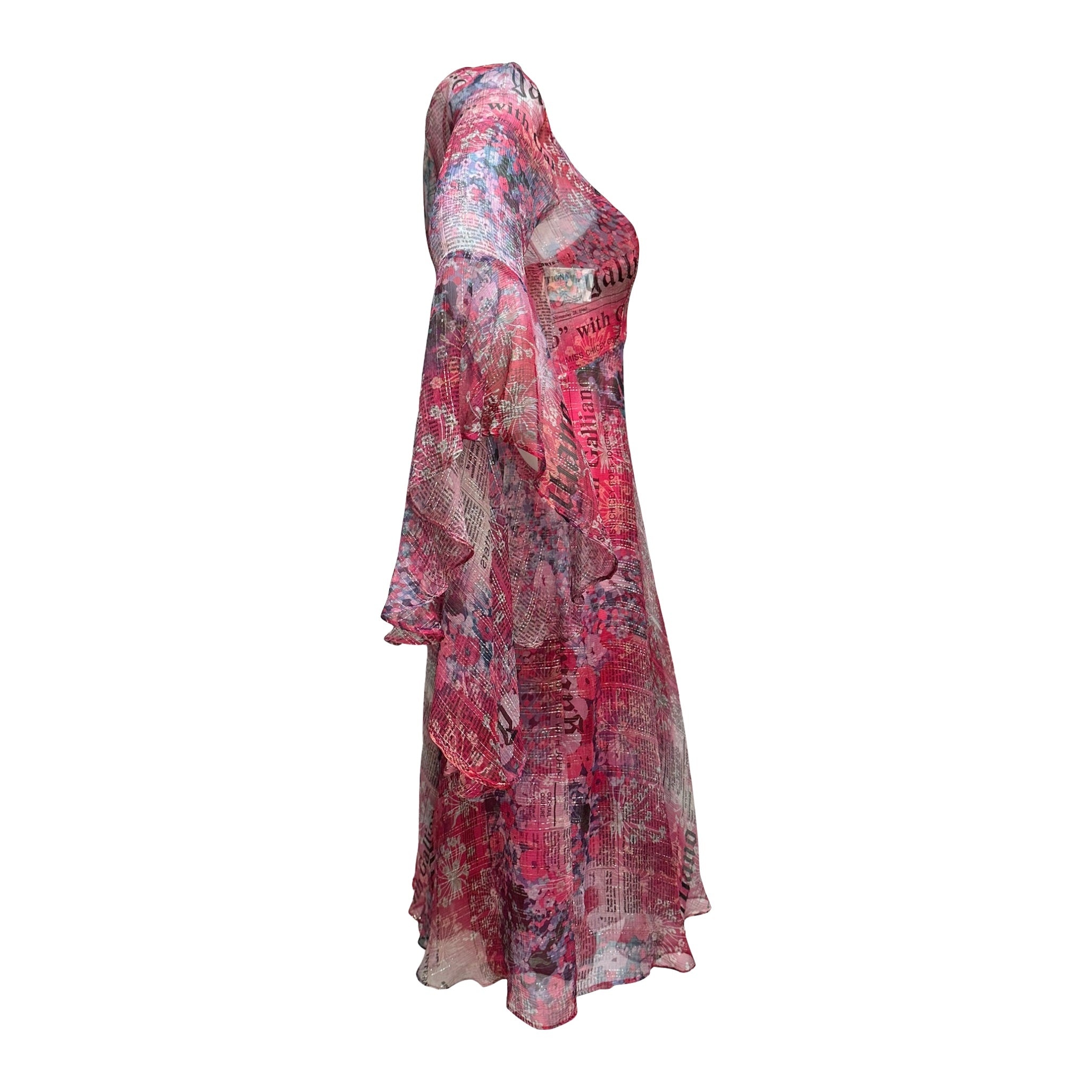 JOHN GALLIANO Floral Newspaper Print Sheer Midi Dress - 3