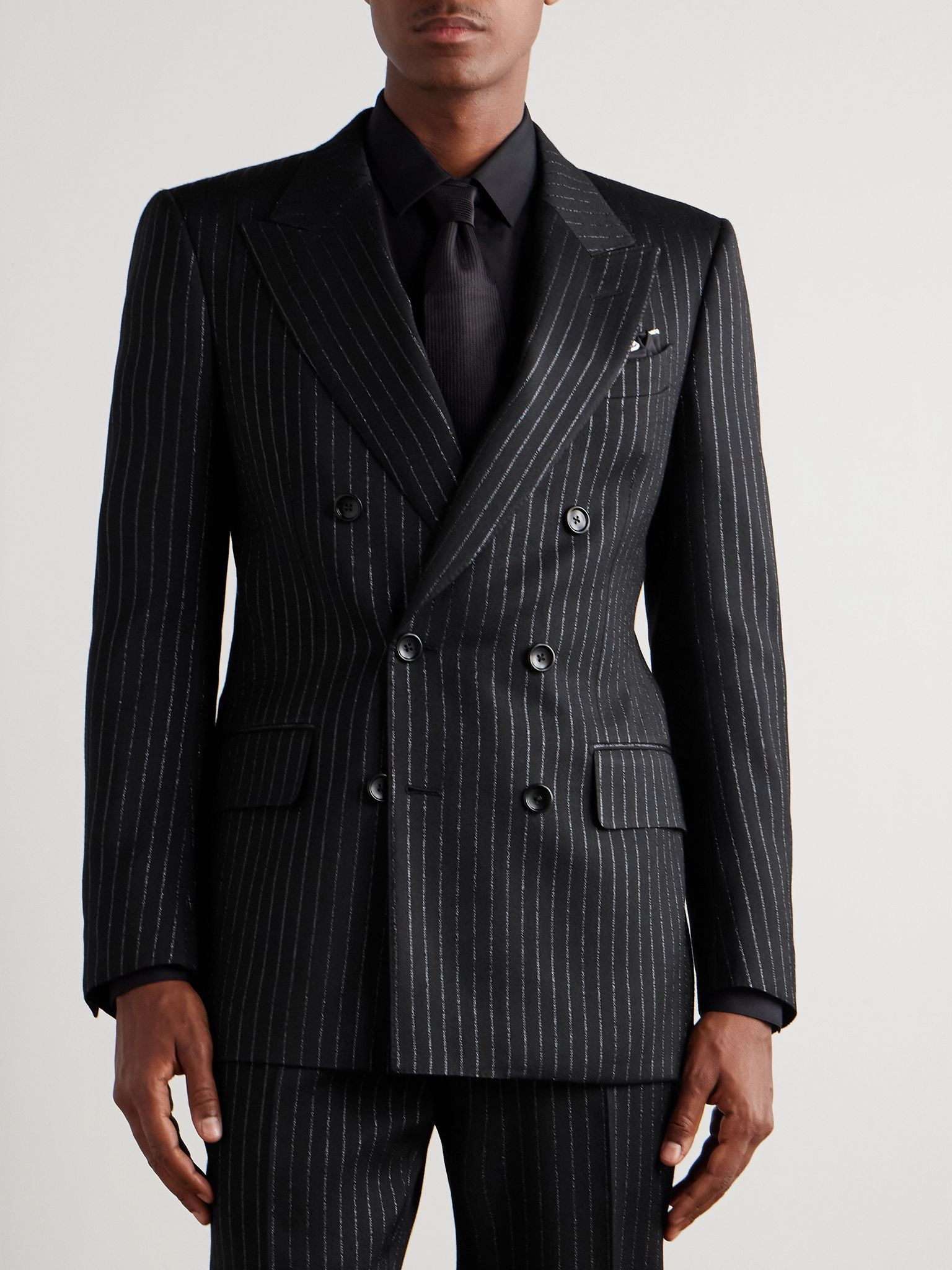 Dyllan Double-Breasted Striped Metallic Wool and Silk-Blend Suit Jacket Black - 3