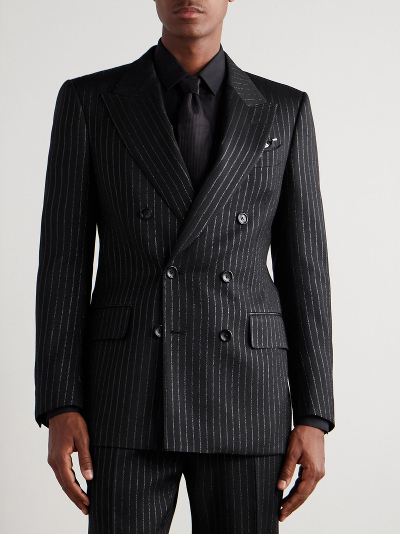 Dyllan Double-Breasted Striped Metallic Wool and Silk-Blend Suit Jacket Black 3