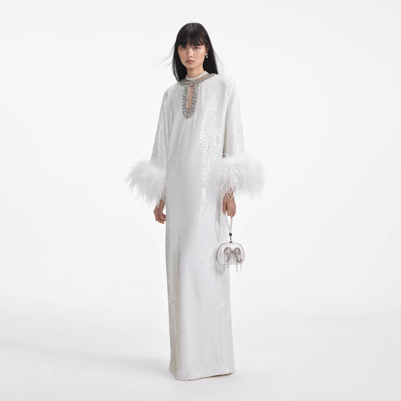 White Sequin Feather Maxi Dress 2