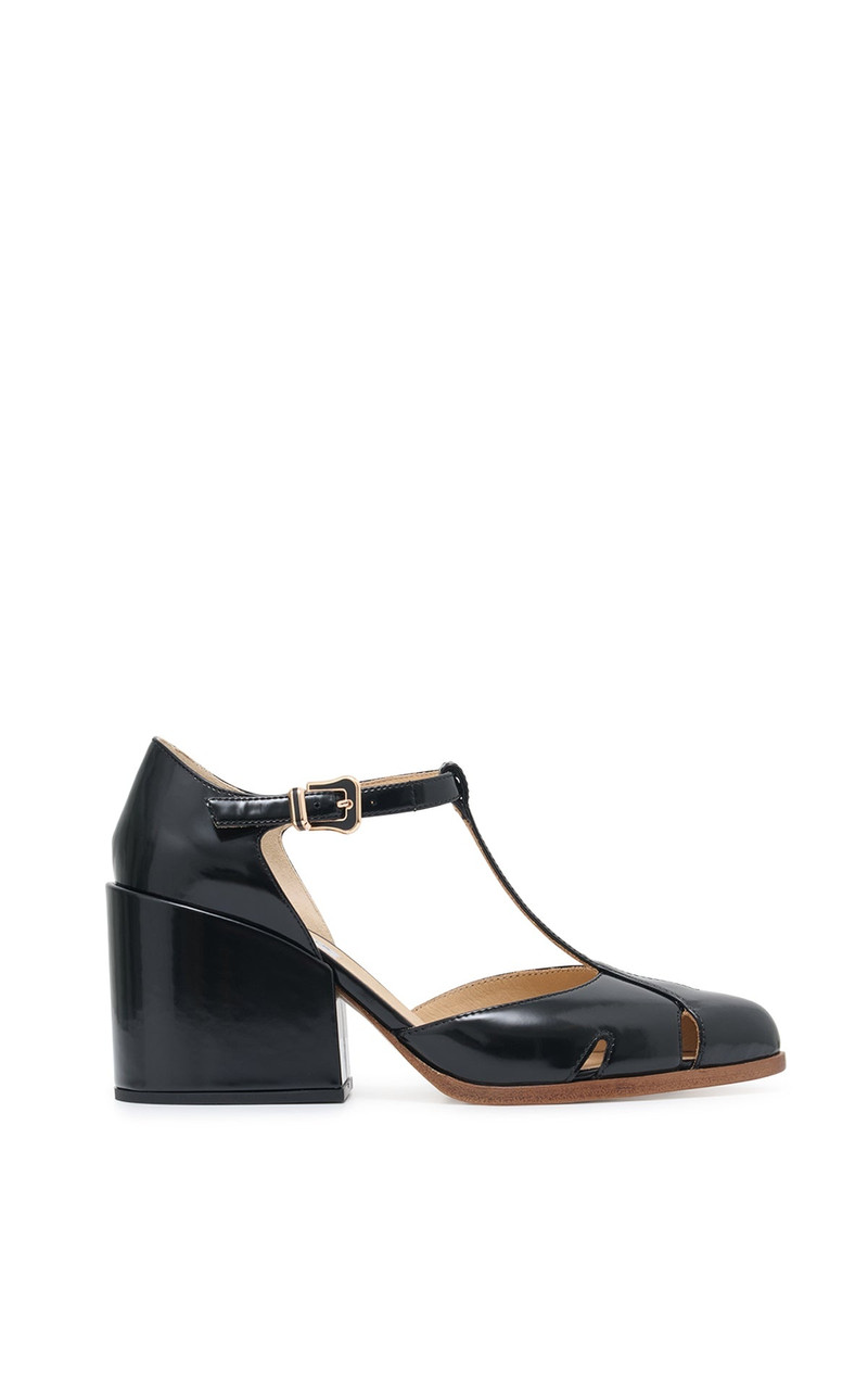 Evita T-Strap Heel in Black Leather 1