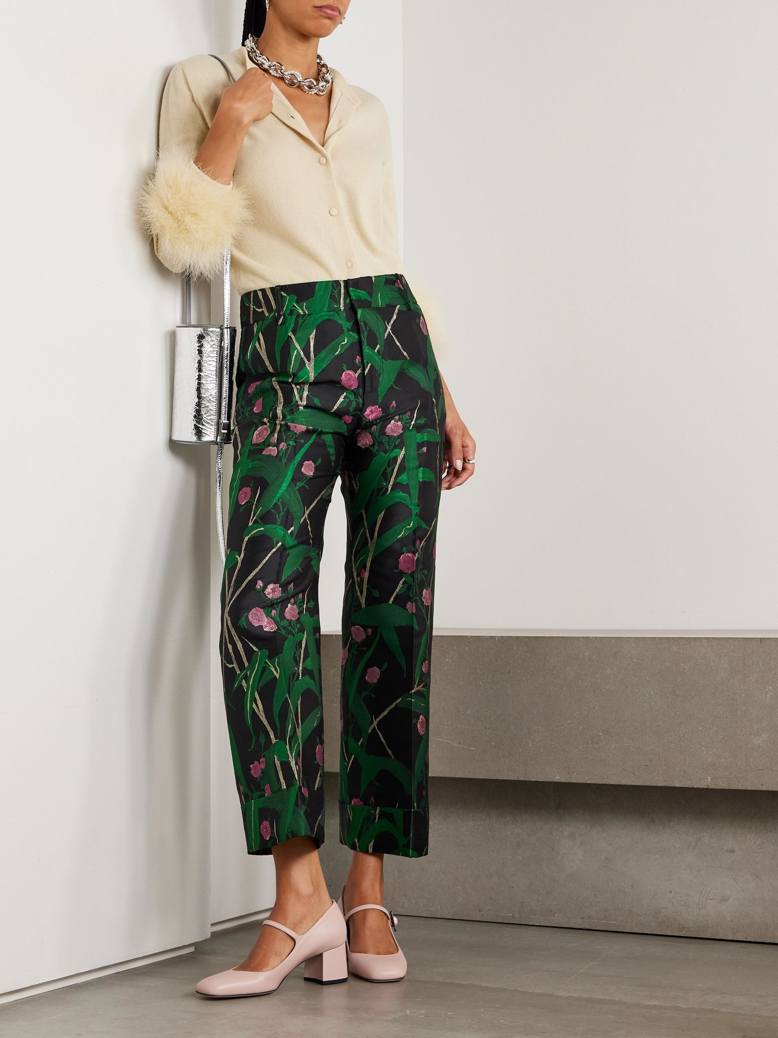 Hendrix cropped floral-jacquard crepe wide-leg pants Green - 2