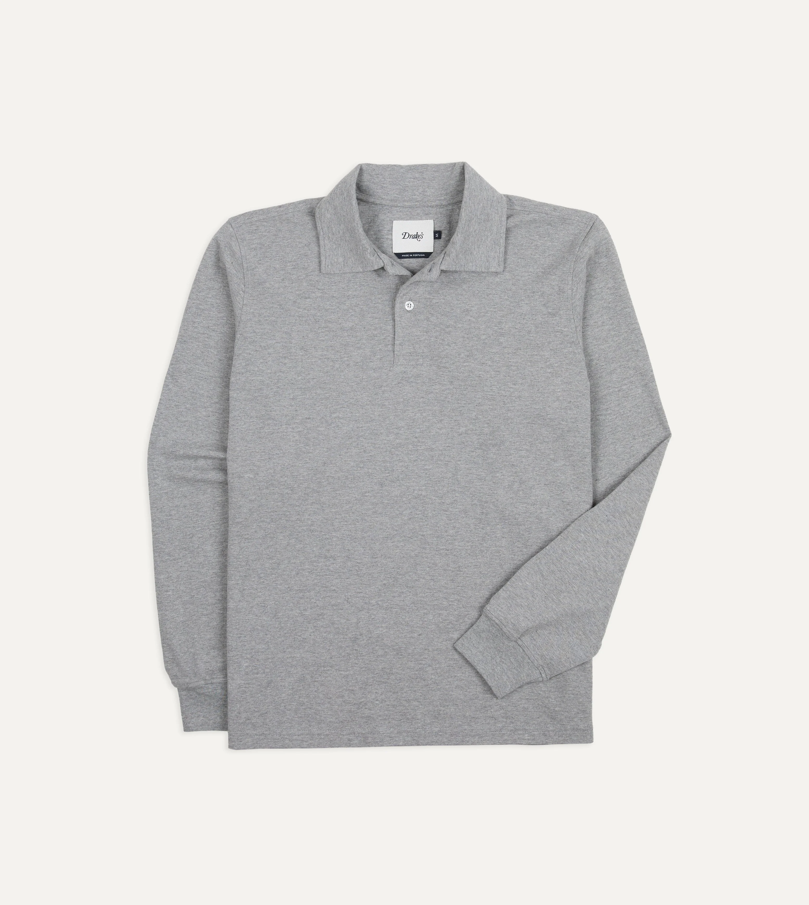 Grey Melange Cotton Jersey Long-Sleeve Polo Shirt - 1