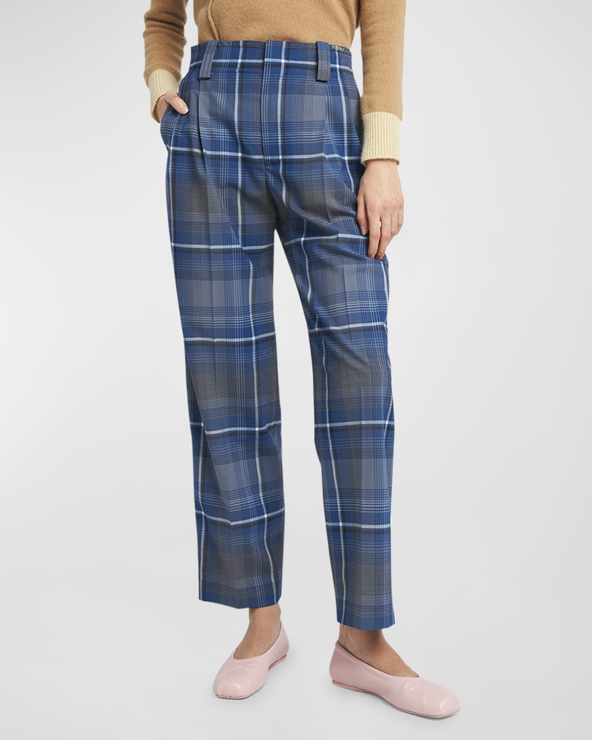 Mid-Rise Check Double-Pleated Straight-Leg Trousers - 7