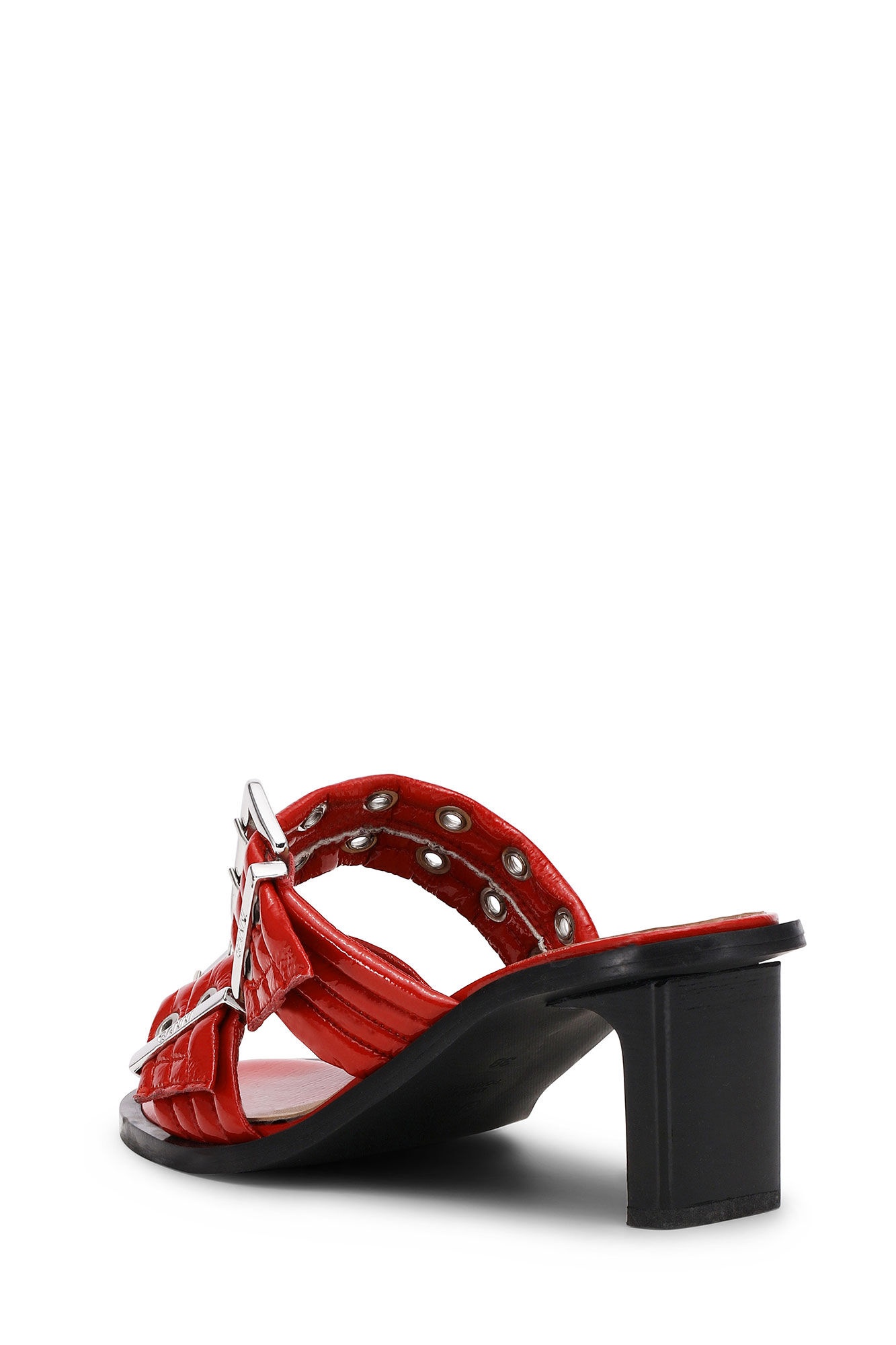 RED FEMININE BUCKLE HEELED MULE SANDALS - 3