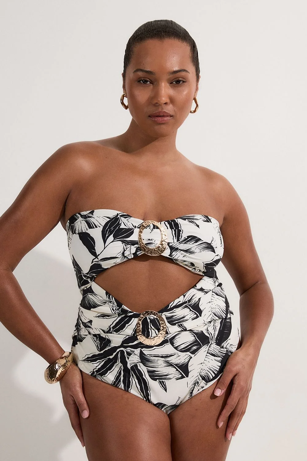 Plus Size Slinky Palm Print Cut Out Swimsuit - 1