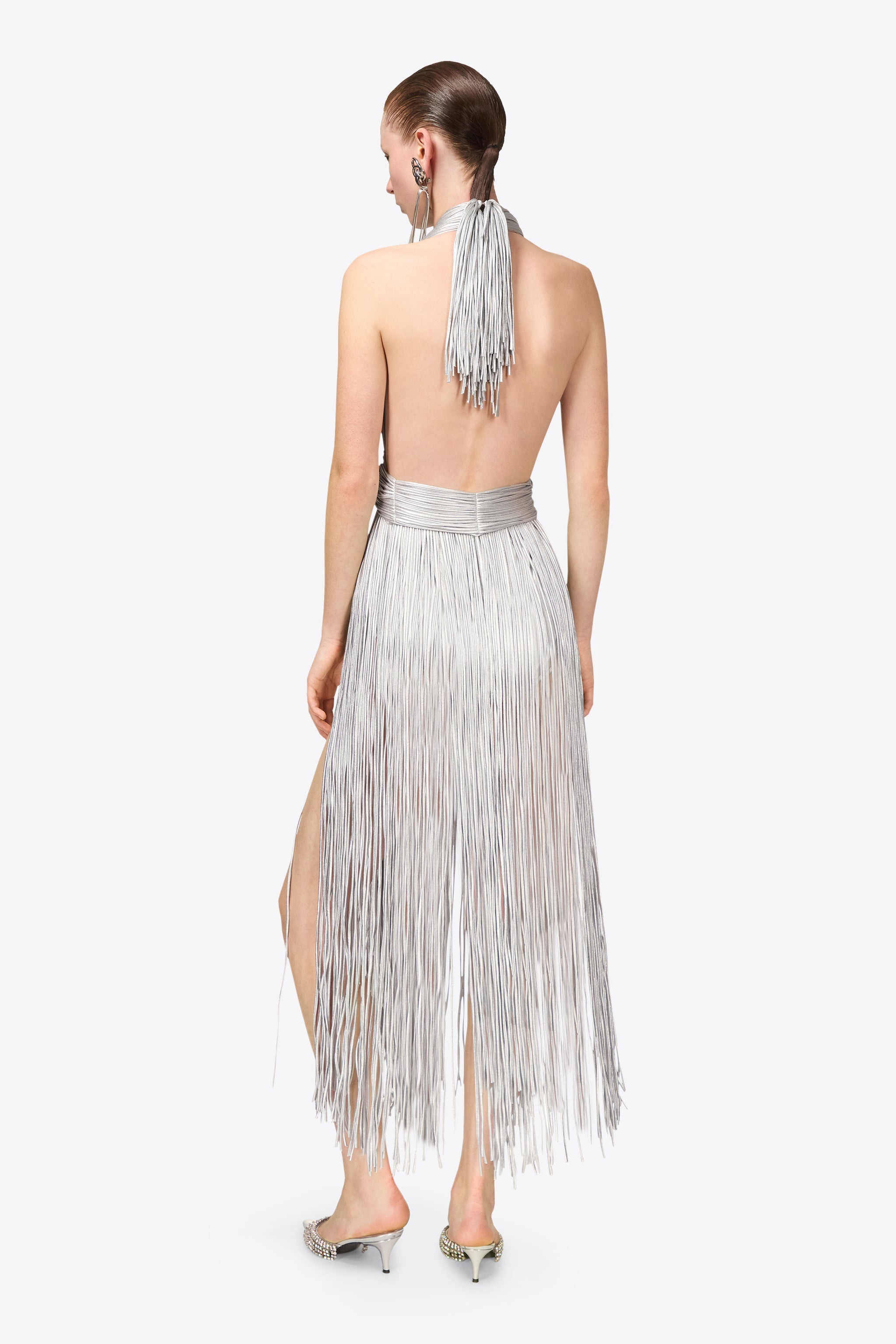 METALLIC FRINGE HALTER MIDI DRESS - 8